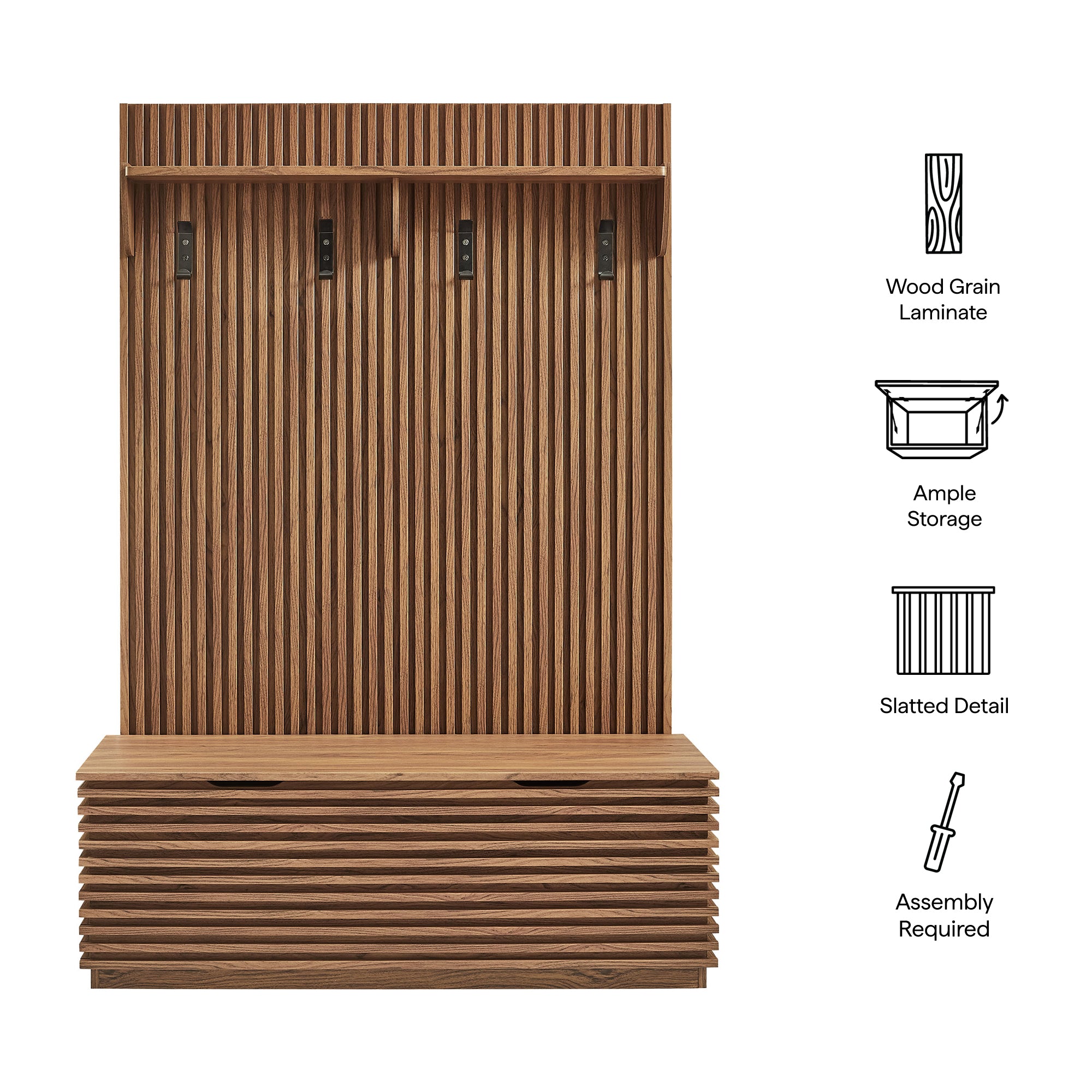 Render Fluted 3-in-1 Hall Tree With Storage Bench and Coat Rack, Walnut
