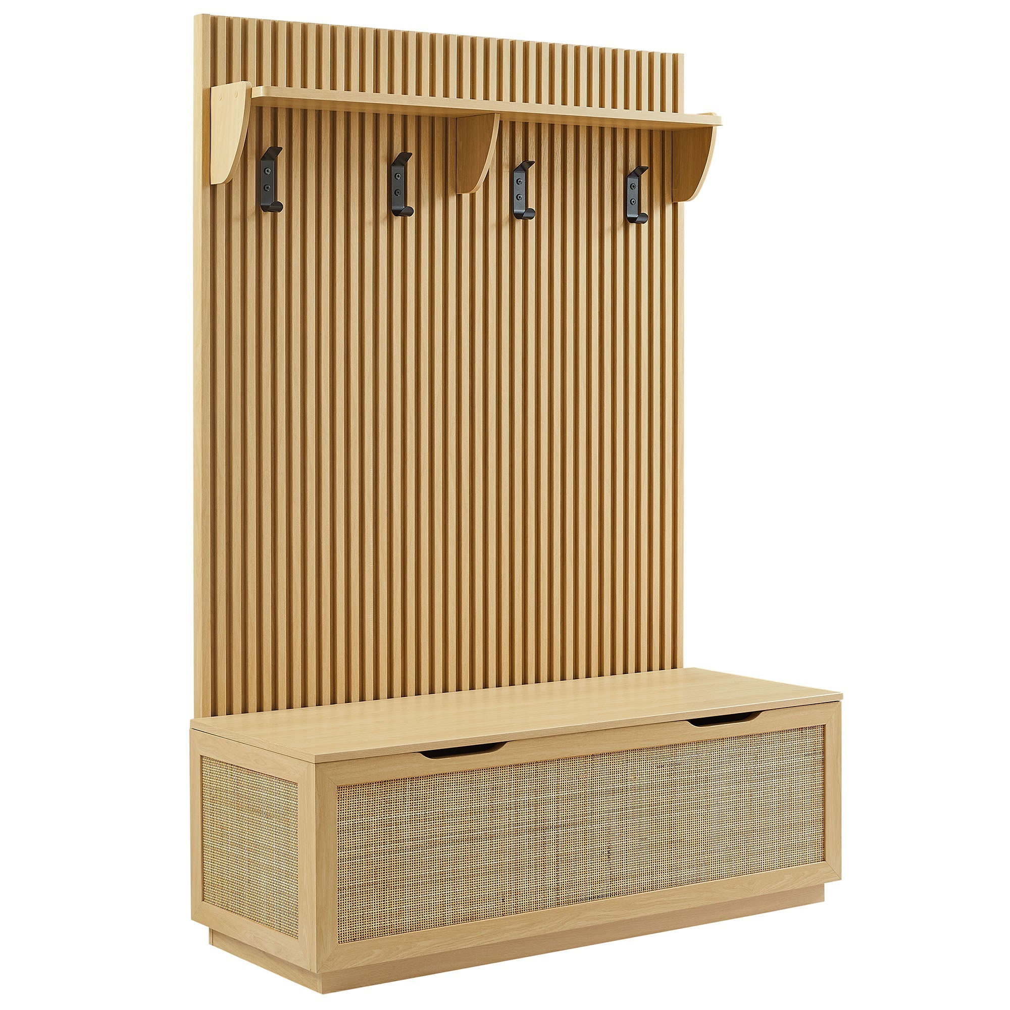 Soma Fluted 3-in-1 Hall Tree With Storage Bench and Coat Rack, Light Oak