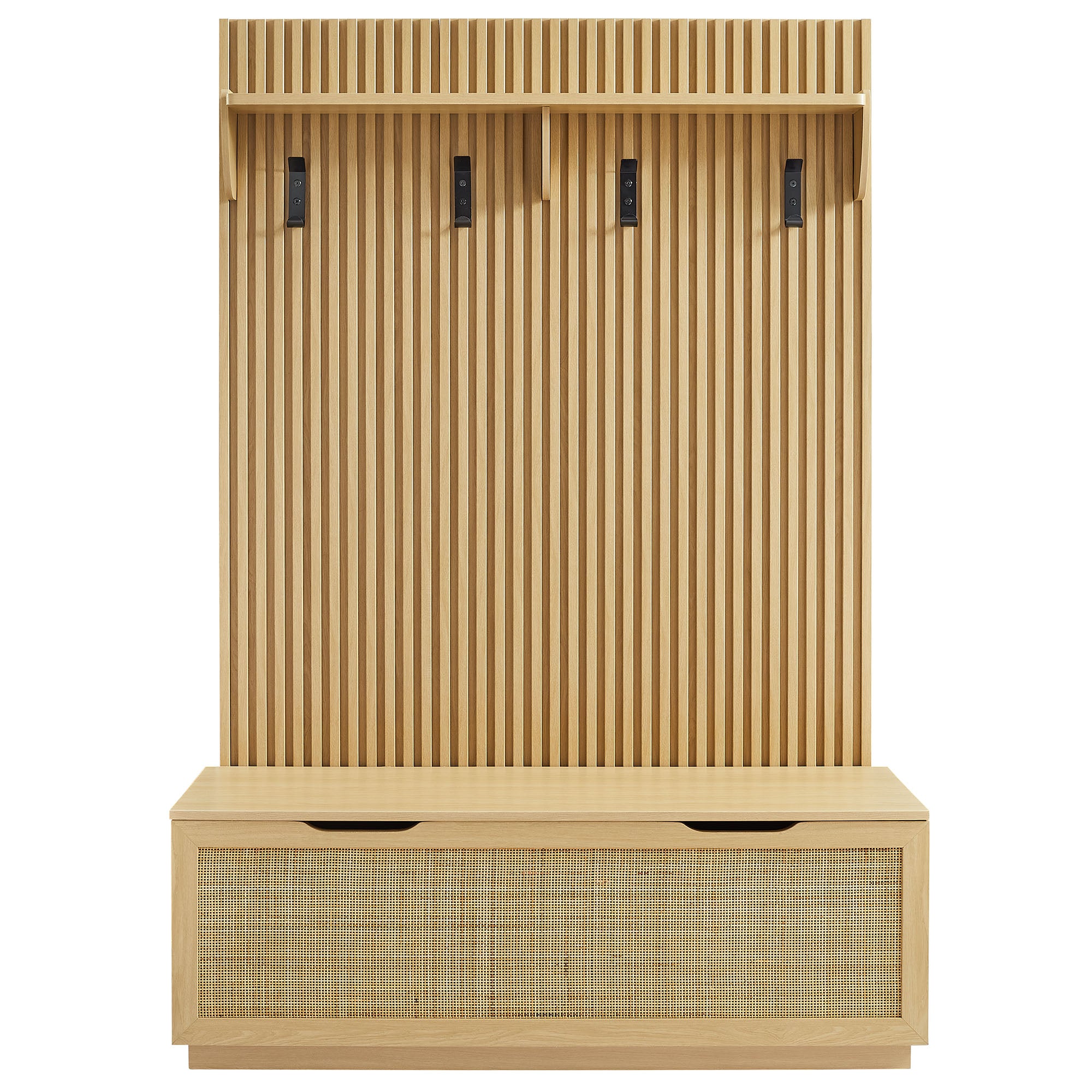 Soma Fluted 3-in-1 Hall Tree With Storage Bench and Coat Rack, Light Oak