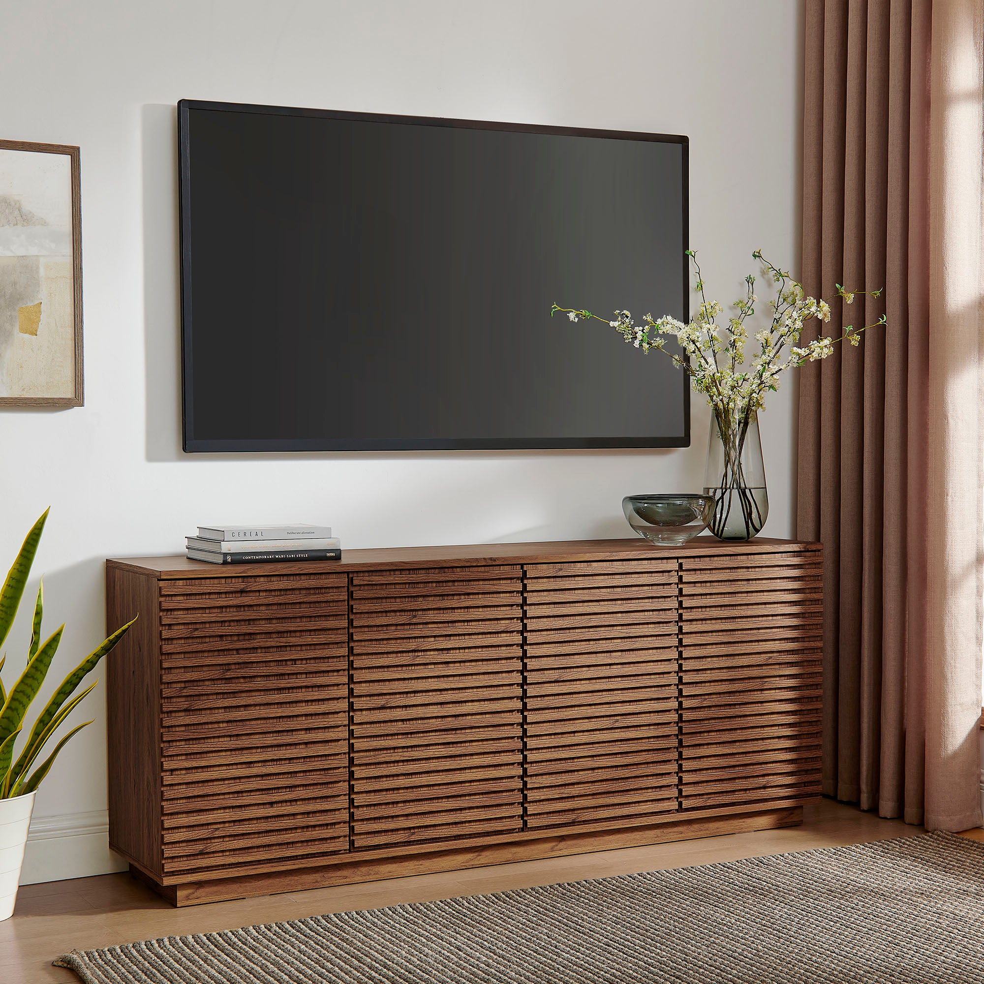 Render 4-Door Fluted Sideboard Cabinet TV Stand, Walnut