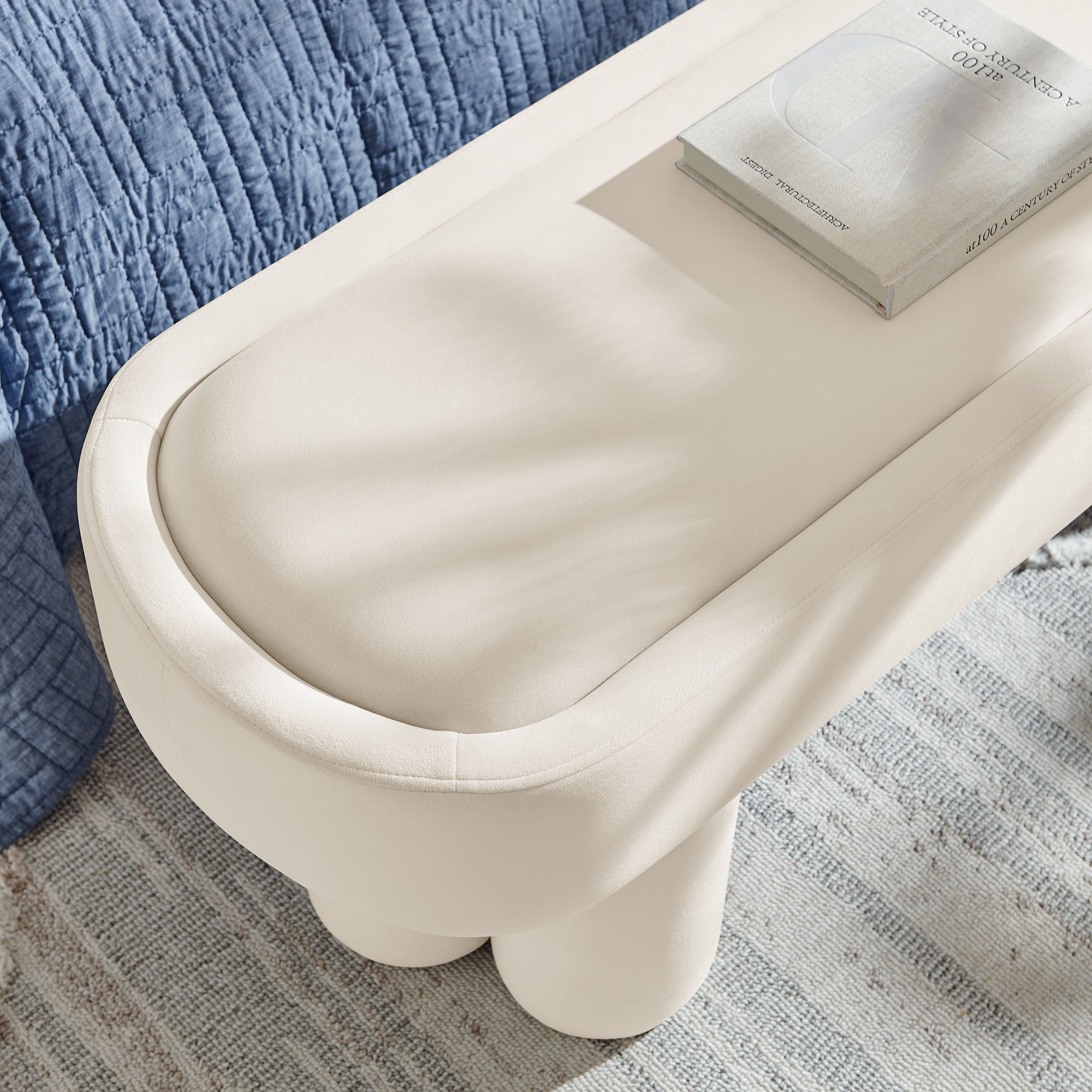 Mossi Oval Performance Velvet Accent Bench, Alabster