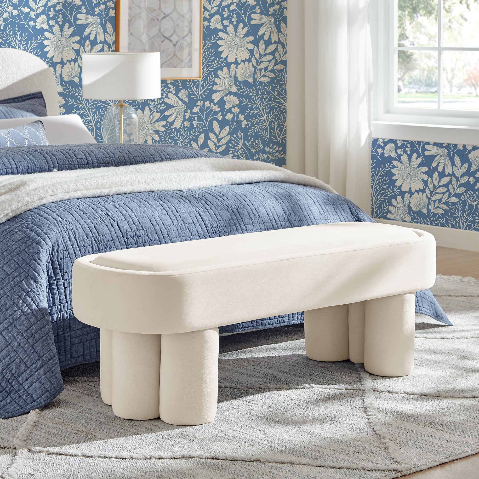 Mossi Oval Performance Velvet Accent Bench, Alabster