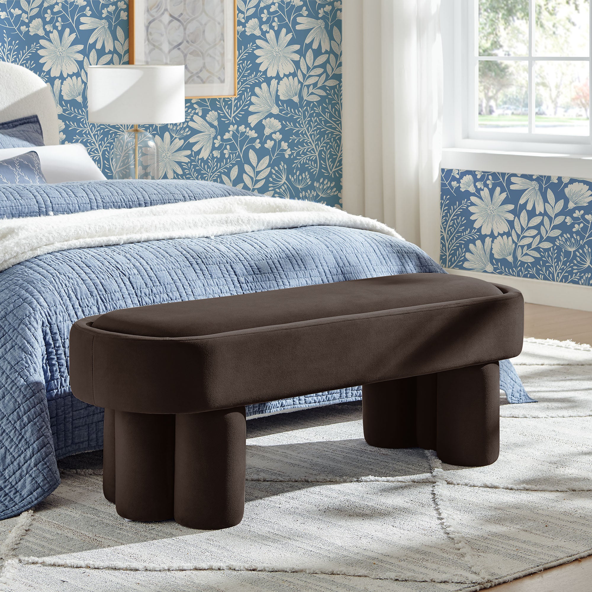Mossi Oval Performance Velvet Accent Bench, Chocolate Brown
