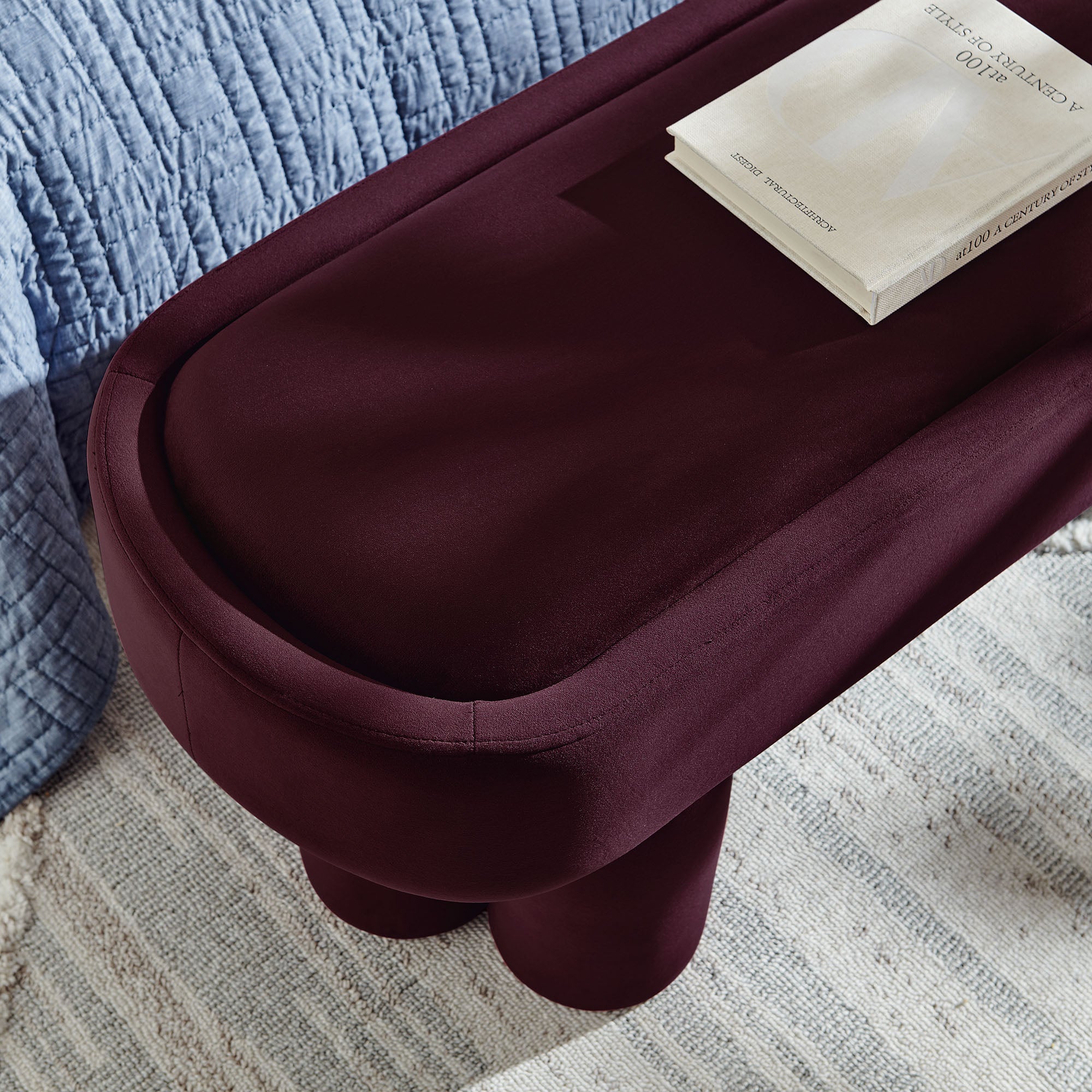Mossi Oval Performance Velvet Accent Bench, Mulberry