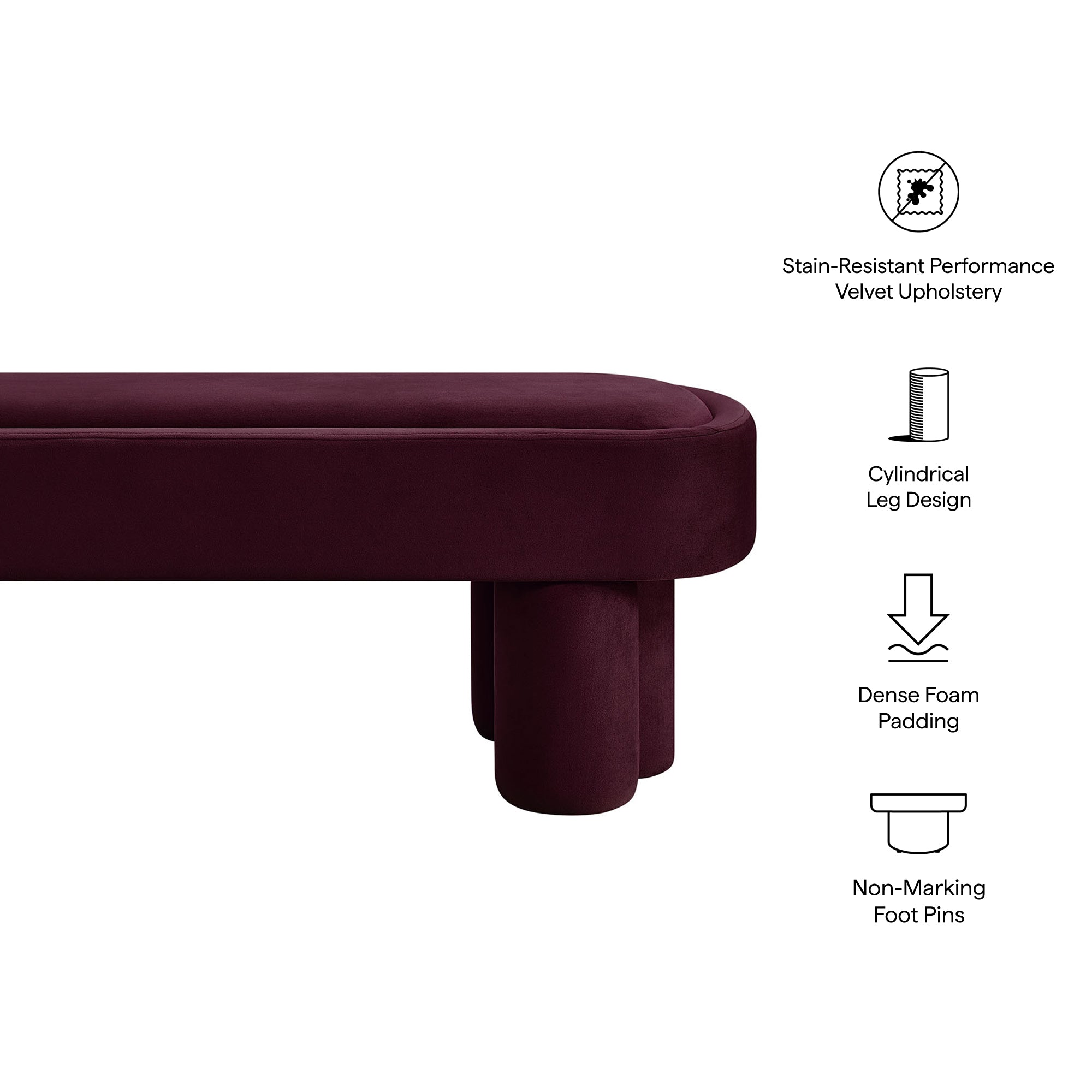 Mossi Oval Performance Velvet Accent Bench, Mulberry