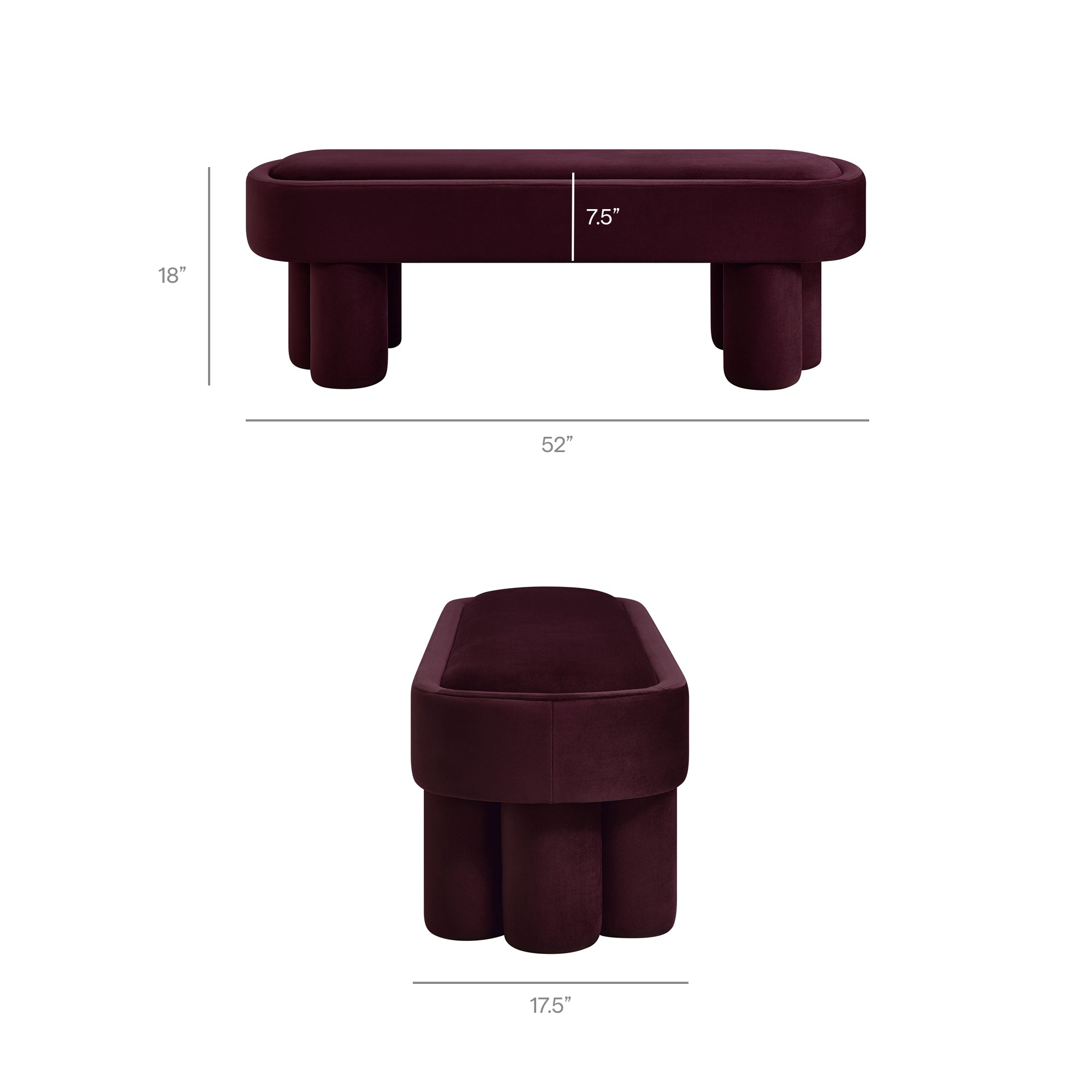 Mossi Oval Performance Velvet Accent Bench, Mulberry
