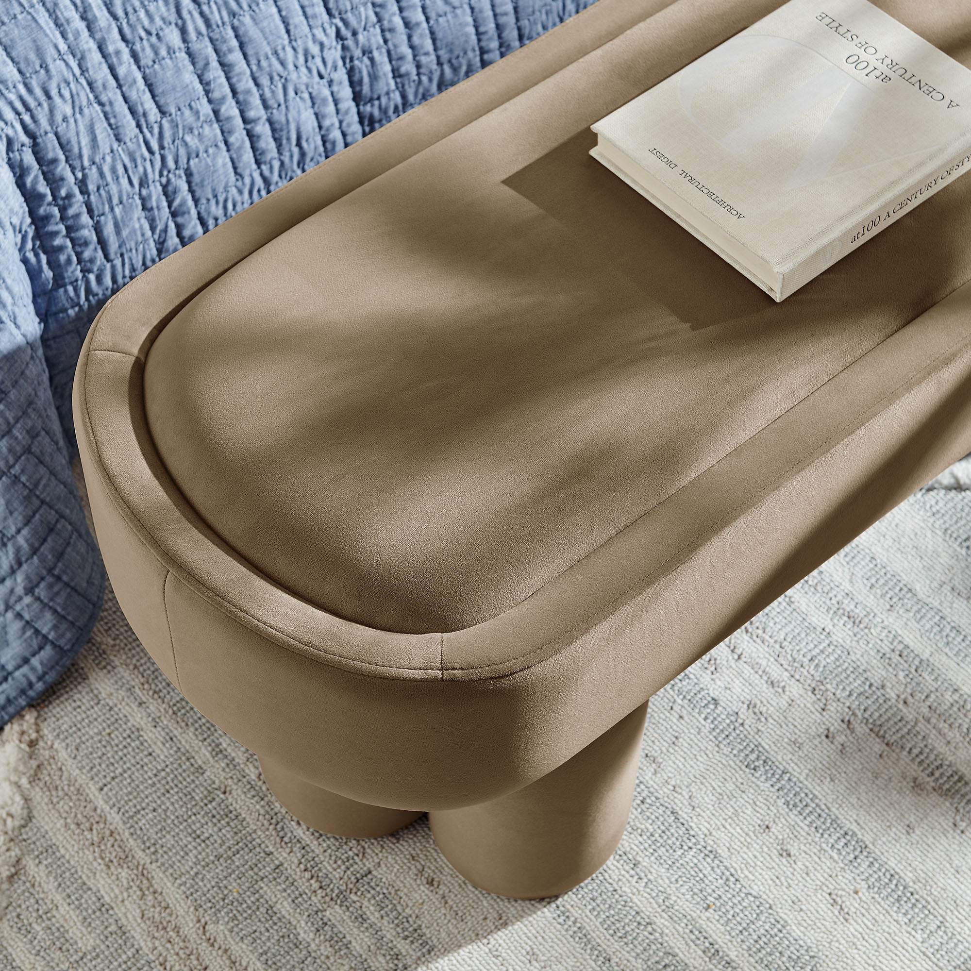 Mossi Oval Performance Velvet Accent Bench, Taupe