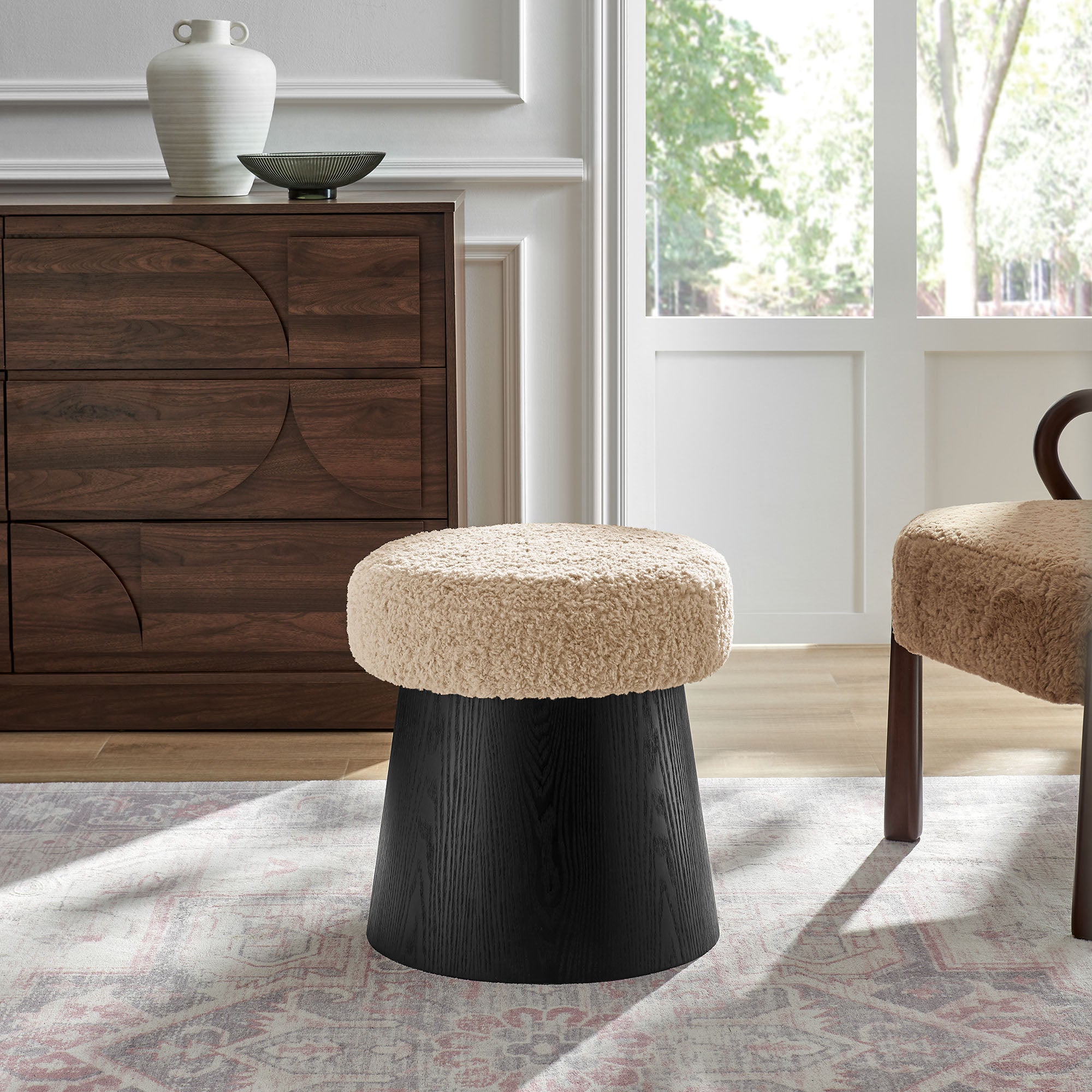 Ketra Round Faux Shearling Ottoman Footstool, Oatmeal Black