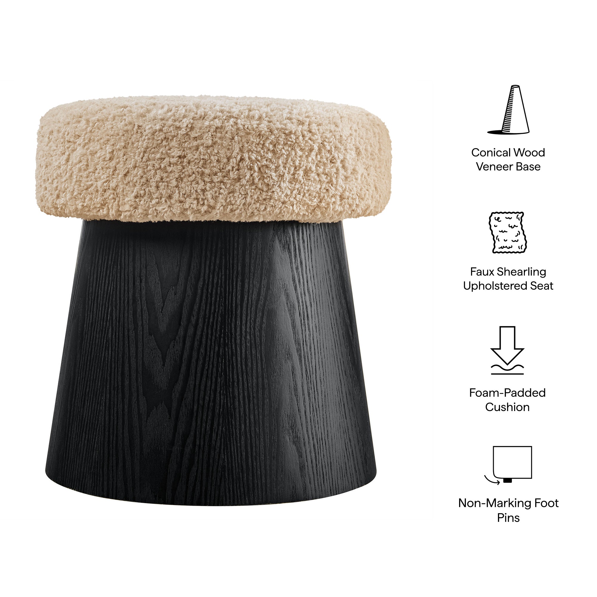 Ketra Round Faux Shearling Ottoman Footstool, Oatmeal Black