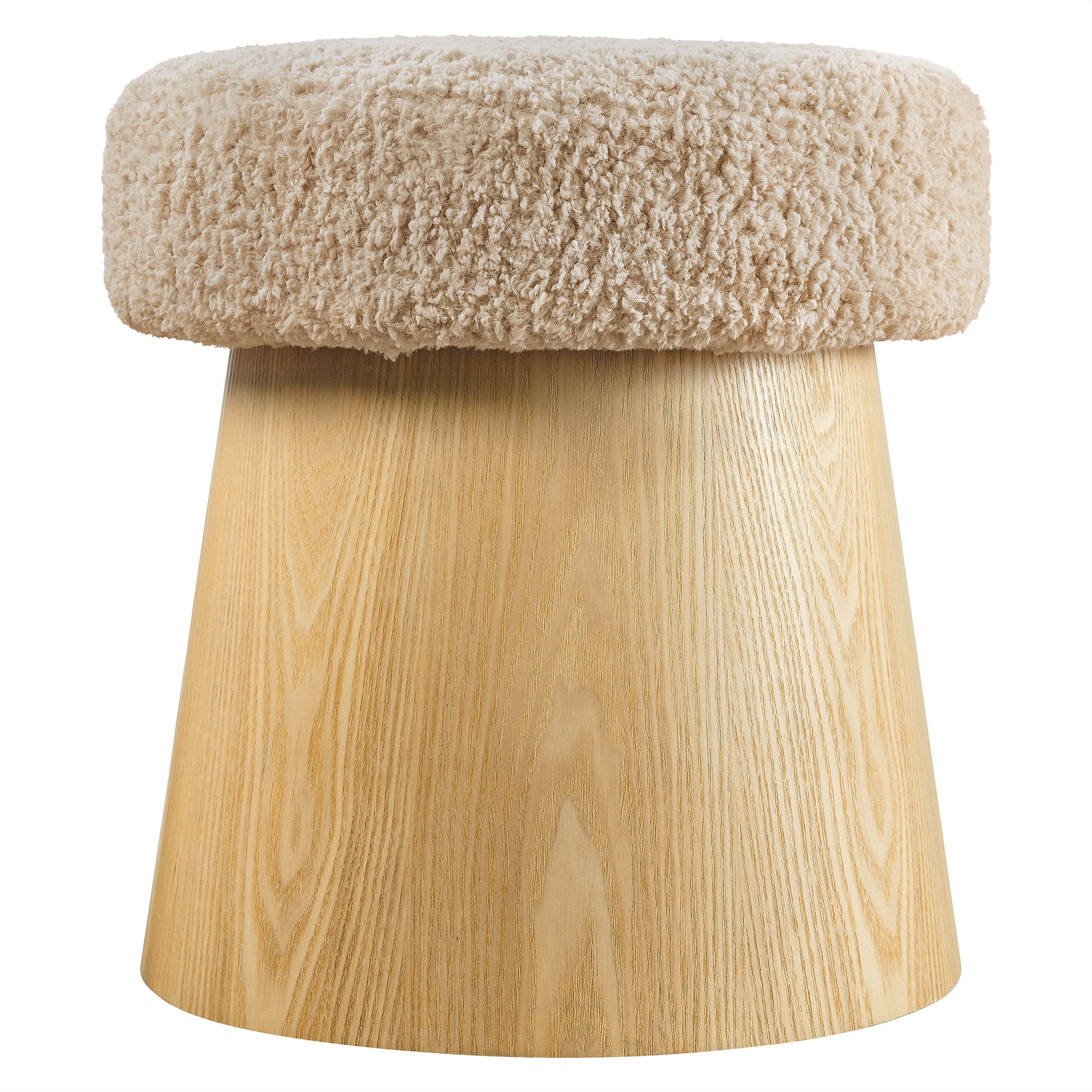 Ketra Round Faux Shearling Ottoman Footstool, Oatmeal Oak