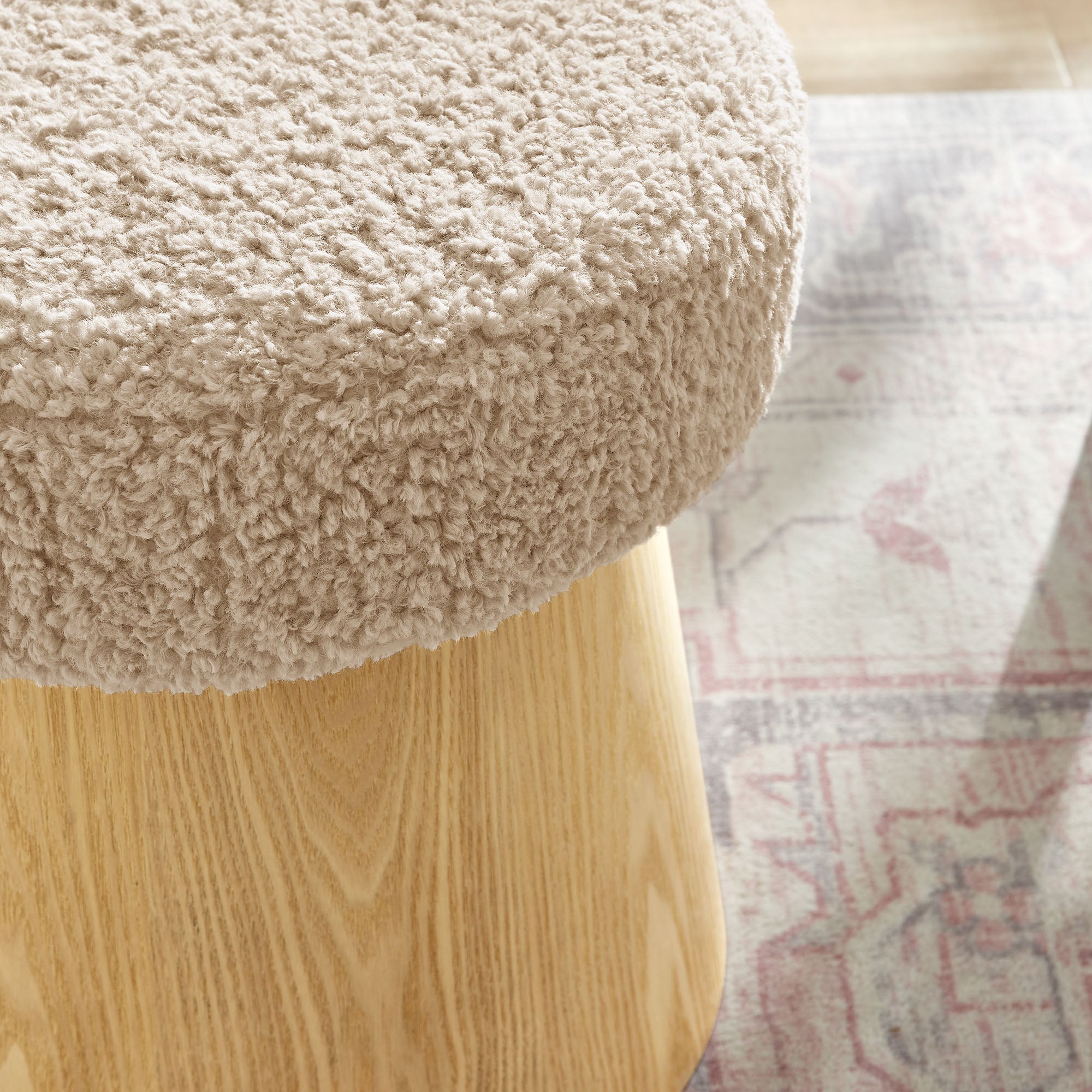 Ketra Round Faux Shearling Ottoman Footstool, Oatmeal Oak