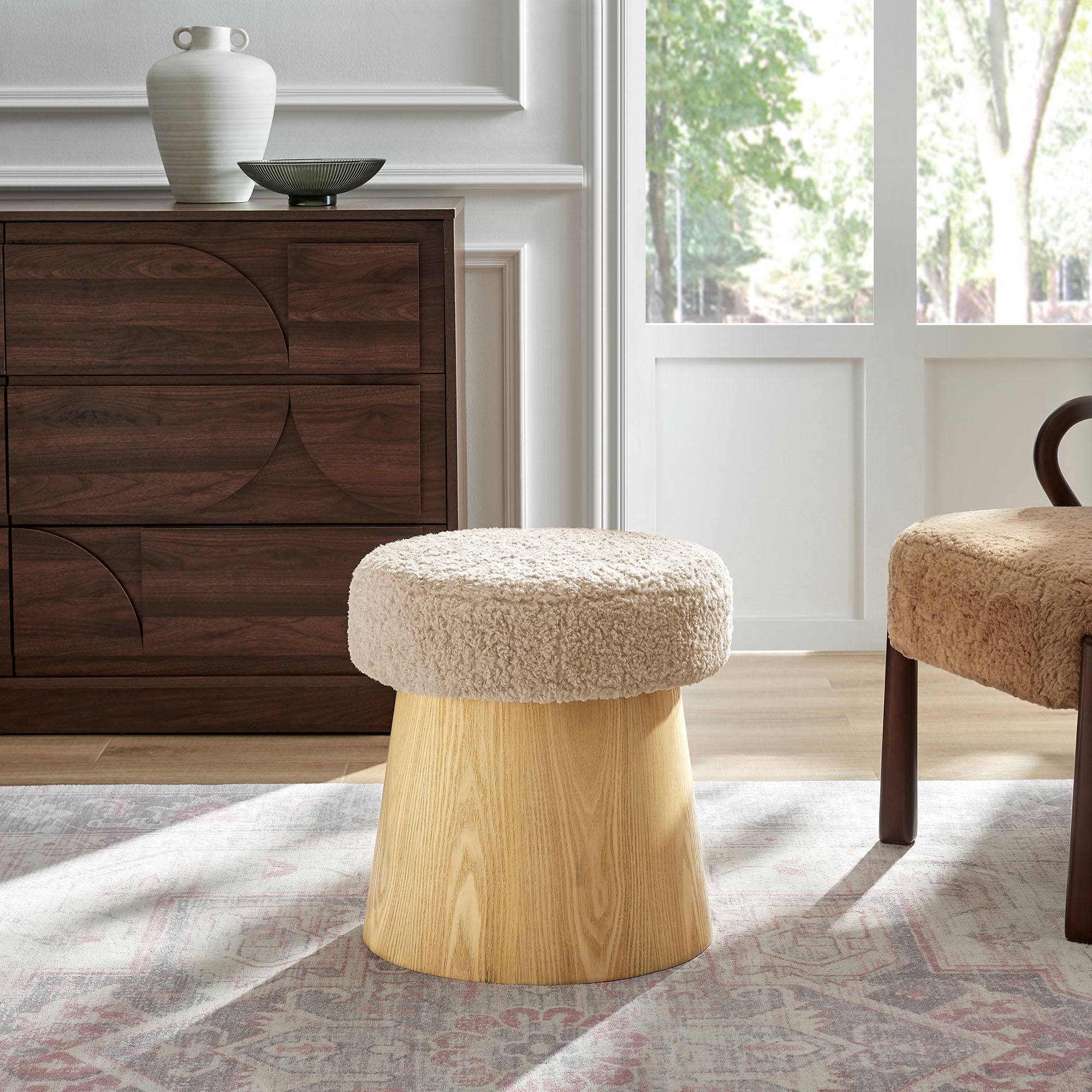 Ketra Round Faux Shearling Ottoman Footstool, Oatmeal Oak