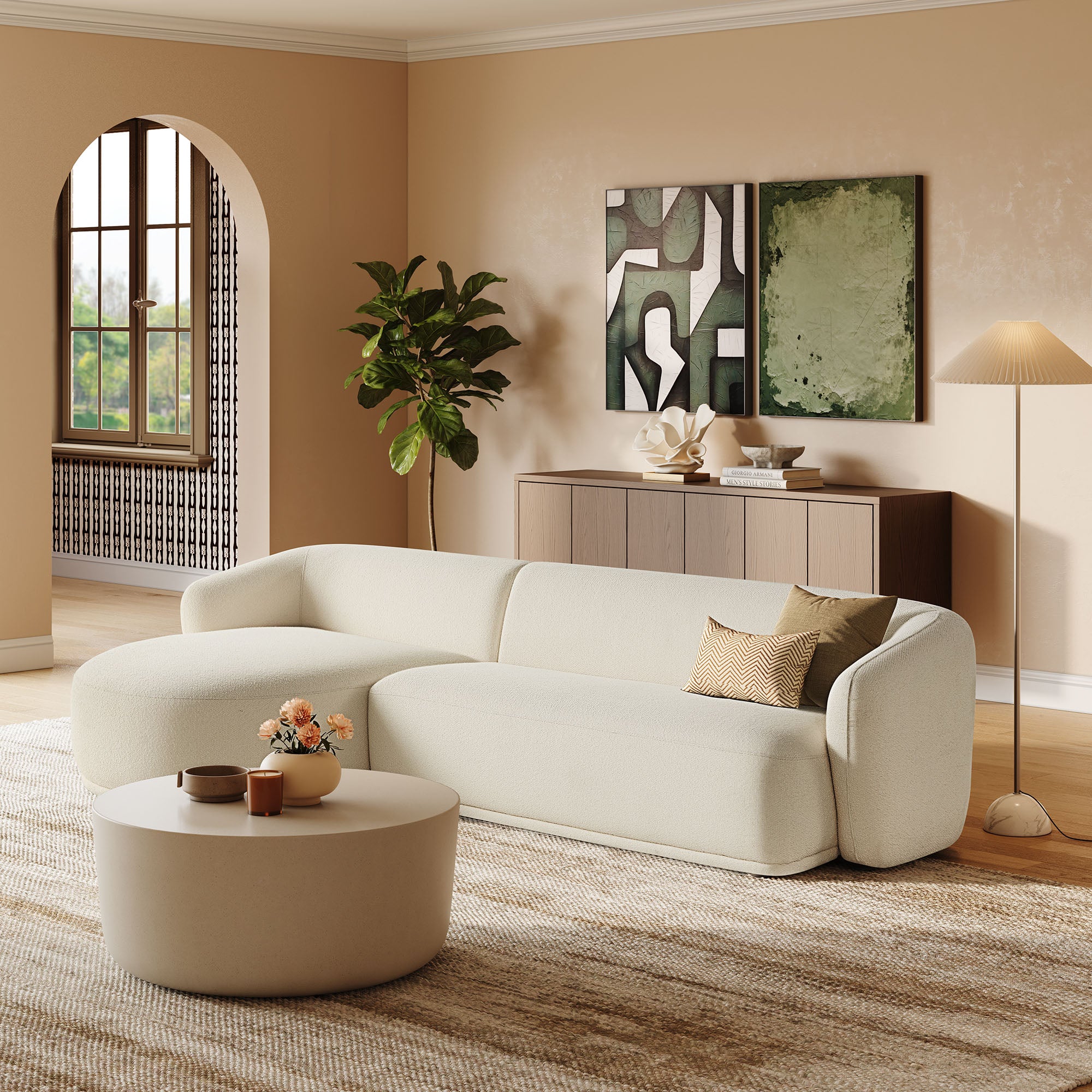 Monica 2 Piece Left Facing Boucle Fabric Modular Sofa with Chaise, Cream
