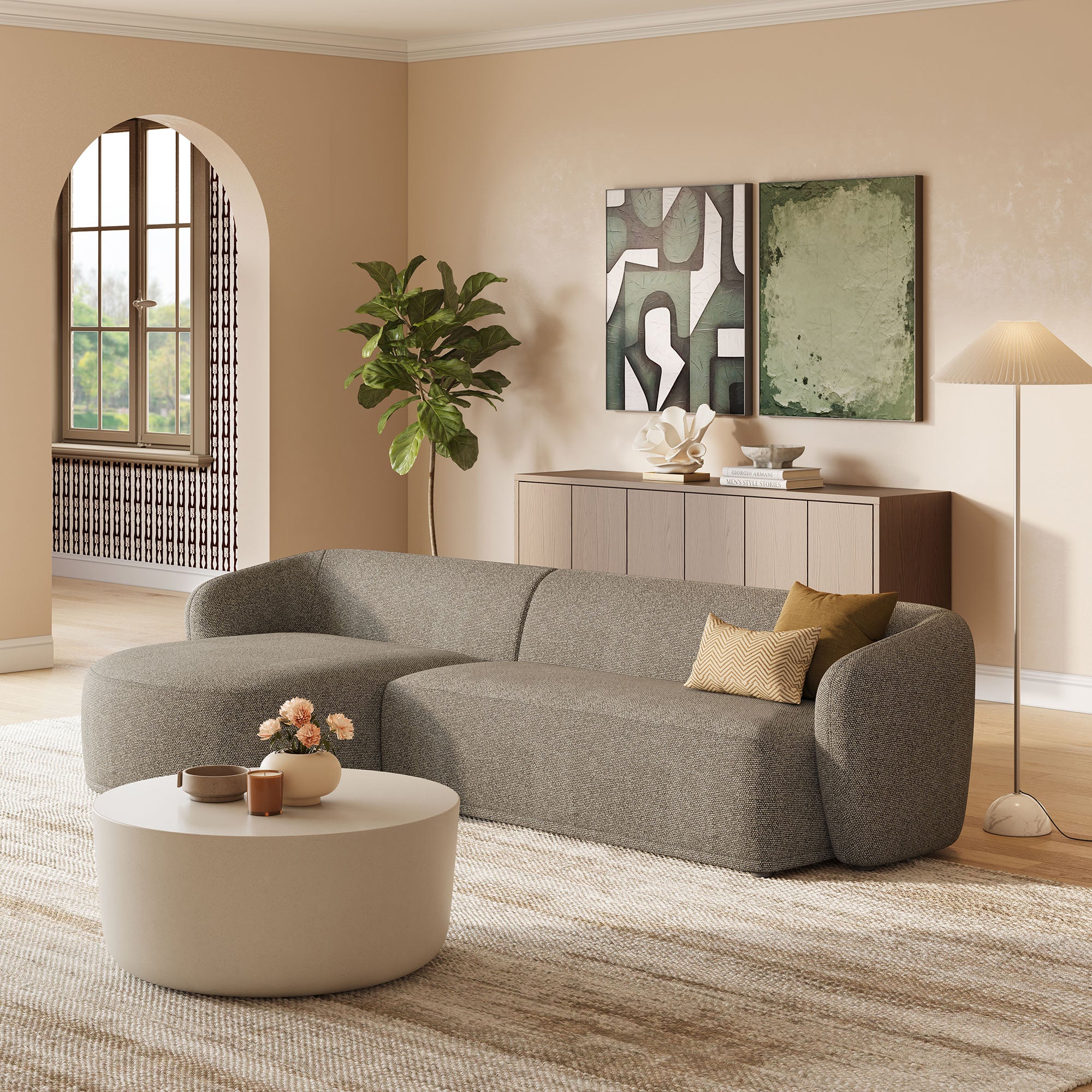 Monica 2 Piece Left Facing Boucle Fabric Modular Sofa with Chaise, Earth