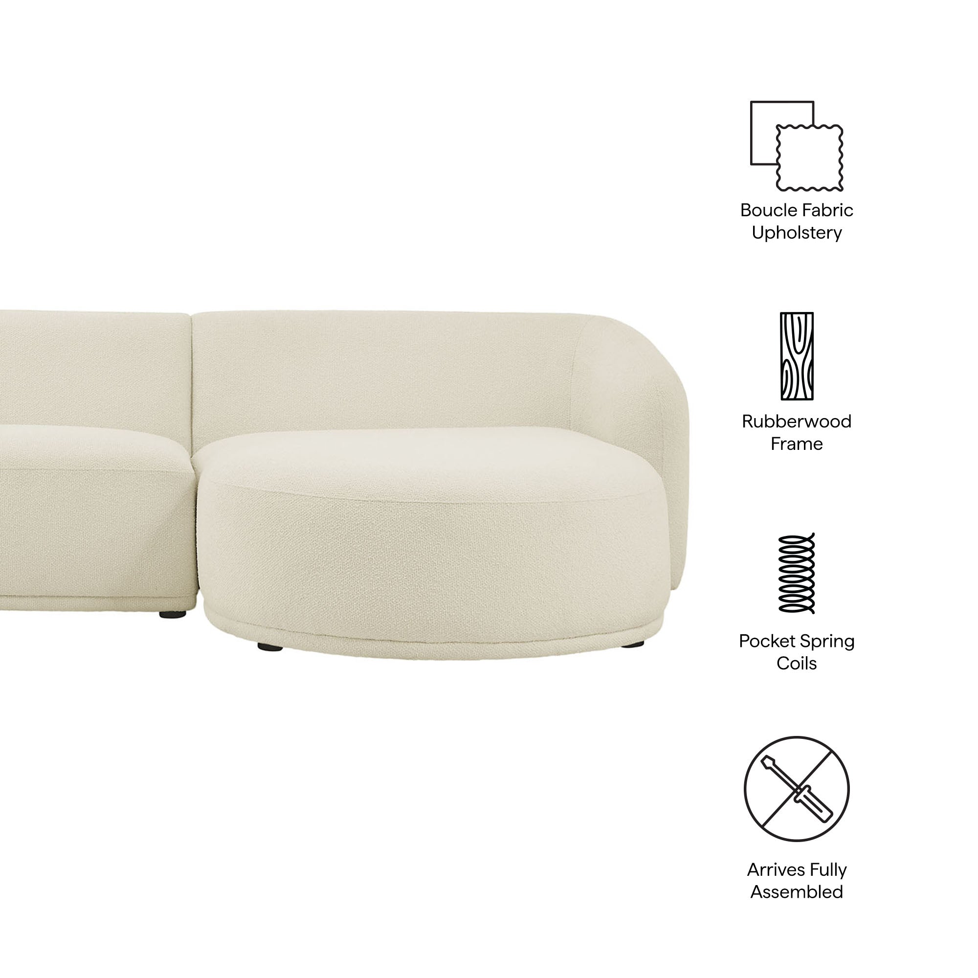 Monica 2 Piece Right Facing Boucle Fabric Modular Sofa with Chaise, Cream