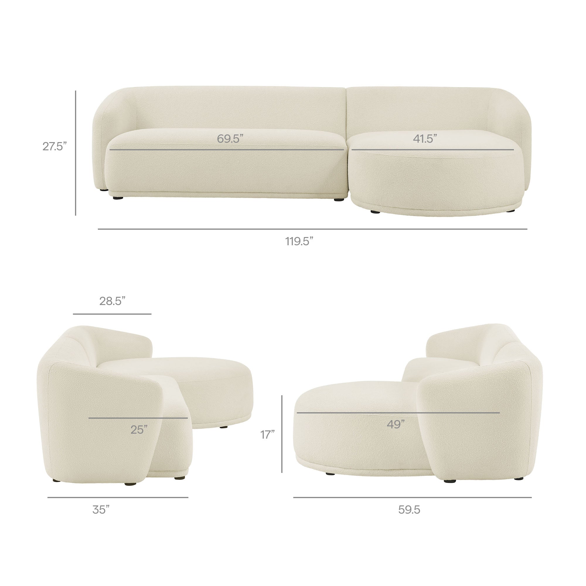 Monica 2 Piece Right Facing Boucle Fabric Modular Sofa with Chaise, Cream