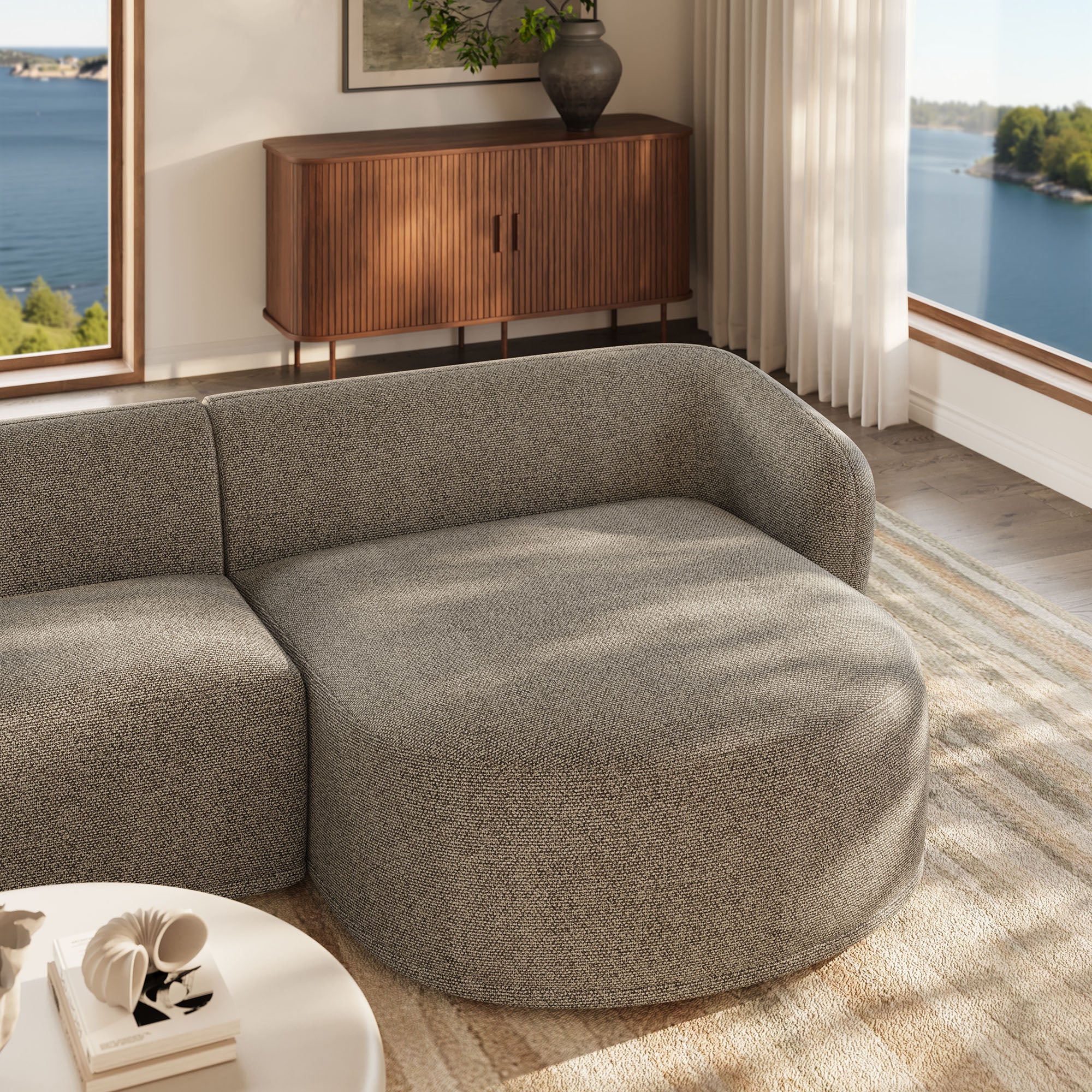 Monica 2 Piece Right Facing Boucle Fabric Modular Sofa with Chaise, Earth