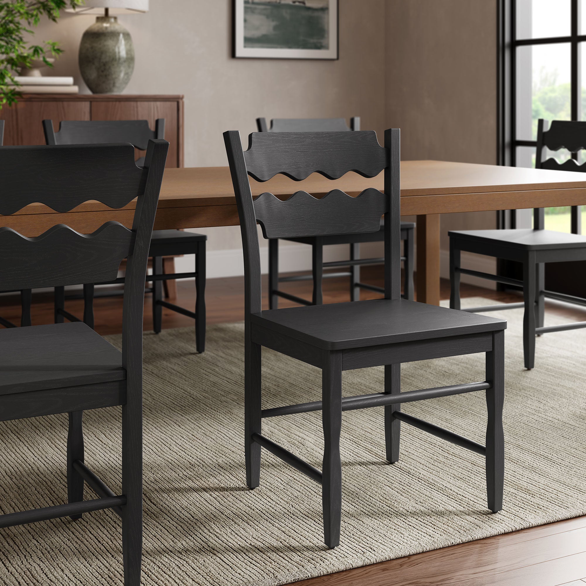 Jax Oak Wood Dining Chair With Wavy Razor Back, Black
