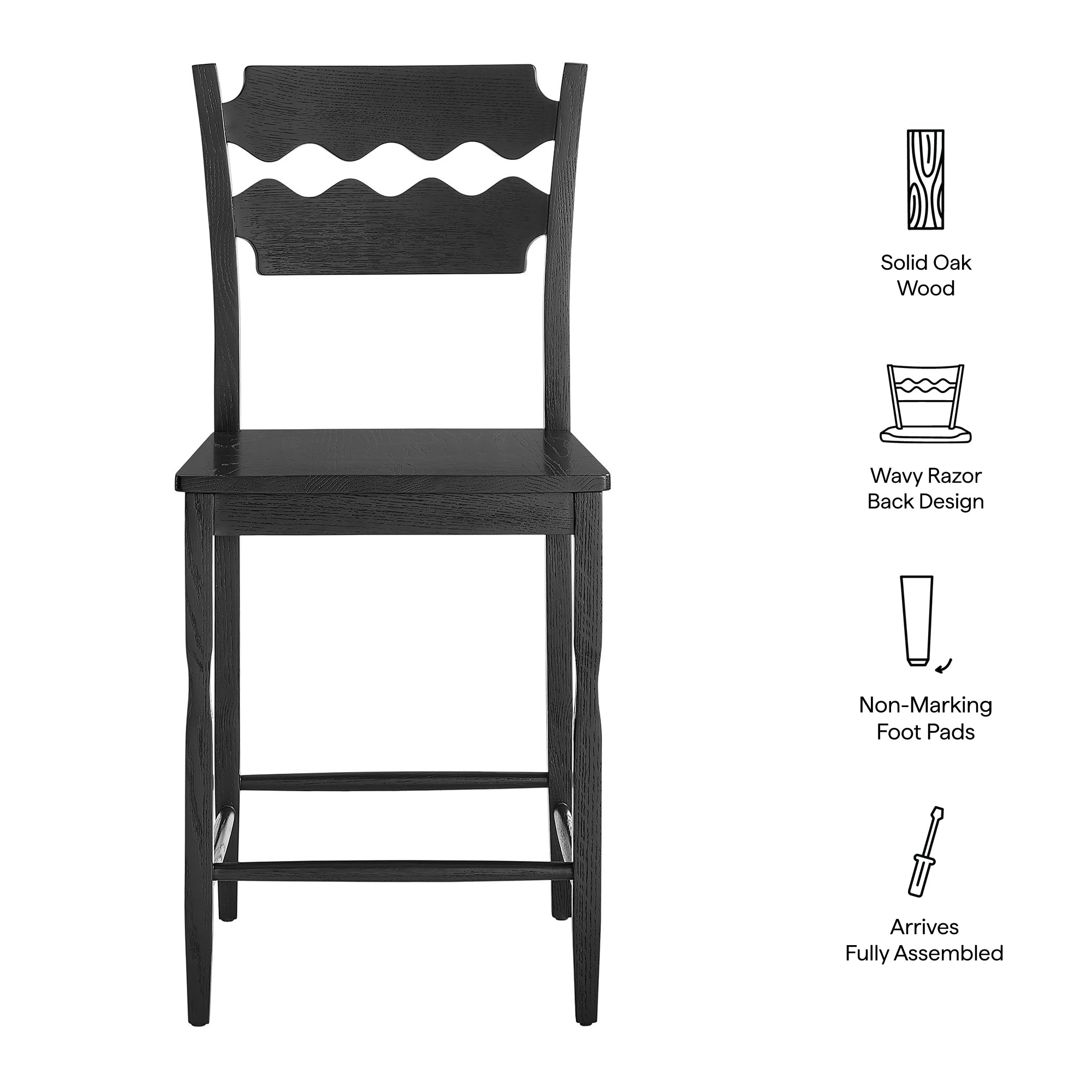 Jax Oak Wood Counter Stool With Wavy Razor Back, Black