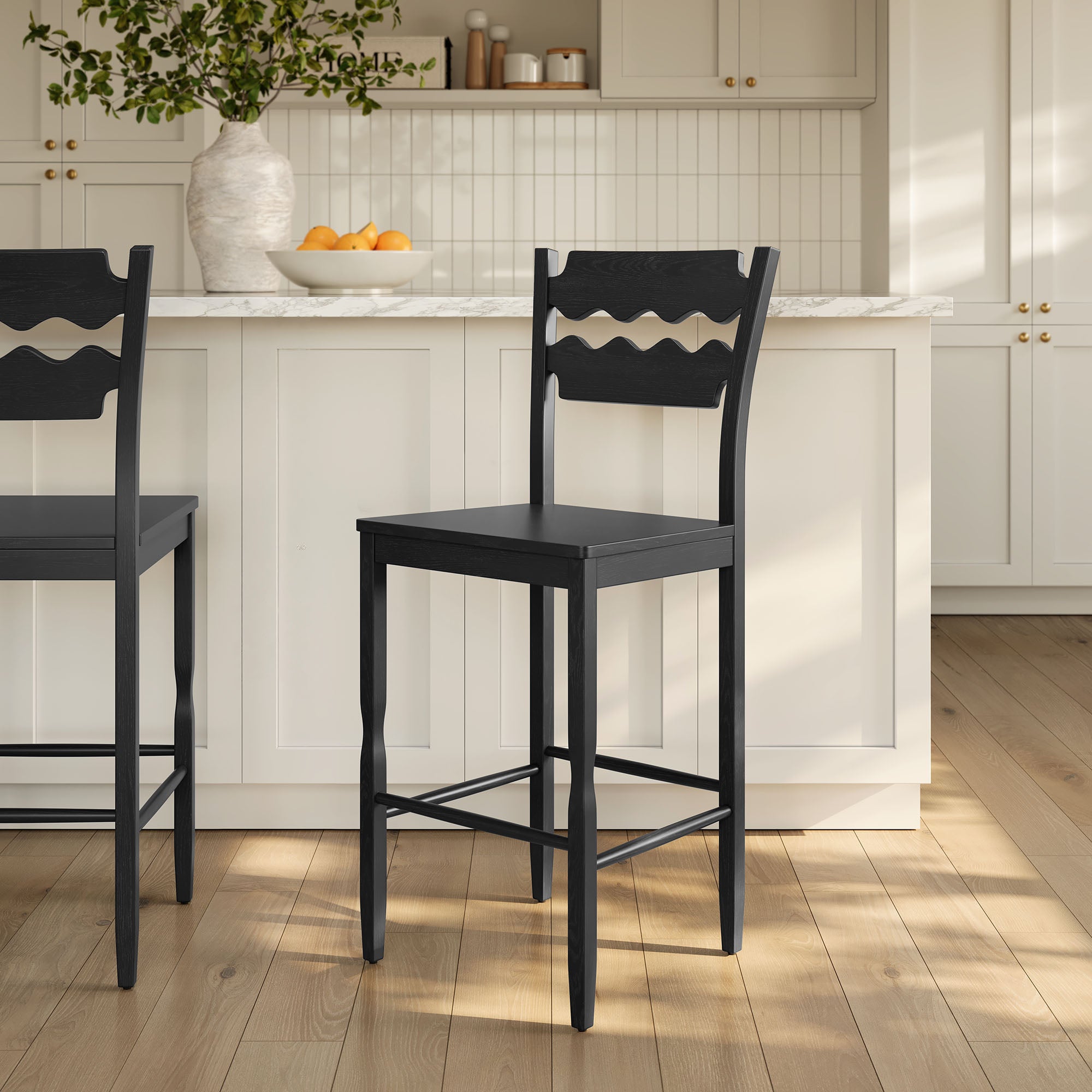 Jax Oak Wood Bar Stool With Wavy Razor Back, Black