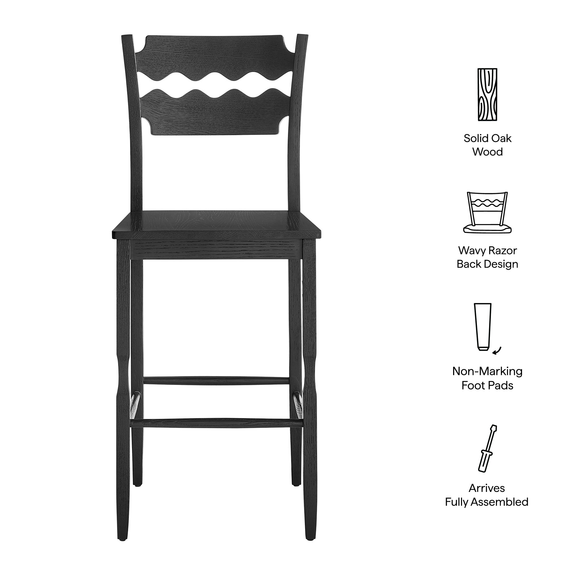 Jax Oak Wood Bar Stool With Wavy Razor Back, Black