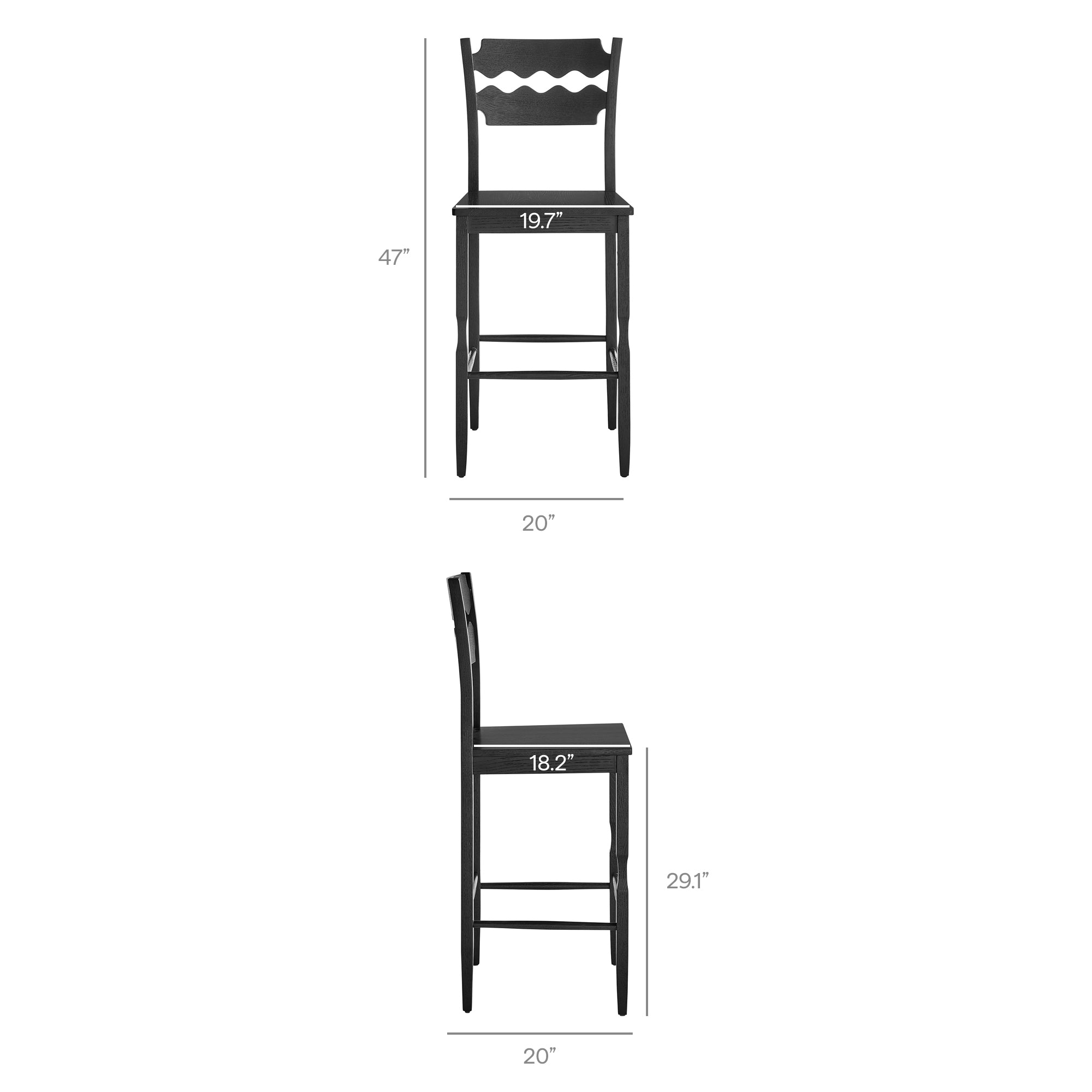 Jax Oak Wood Bar Stool With Wavy Razor Back, Black
