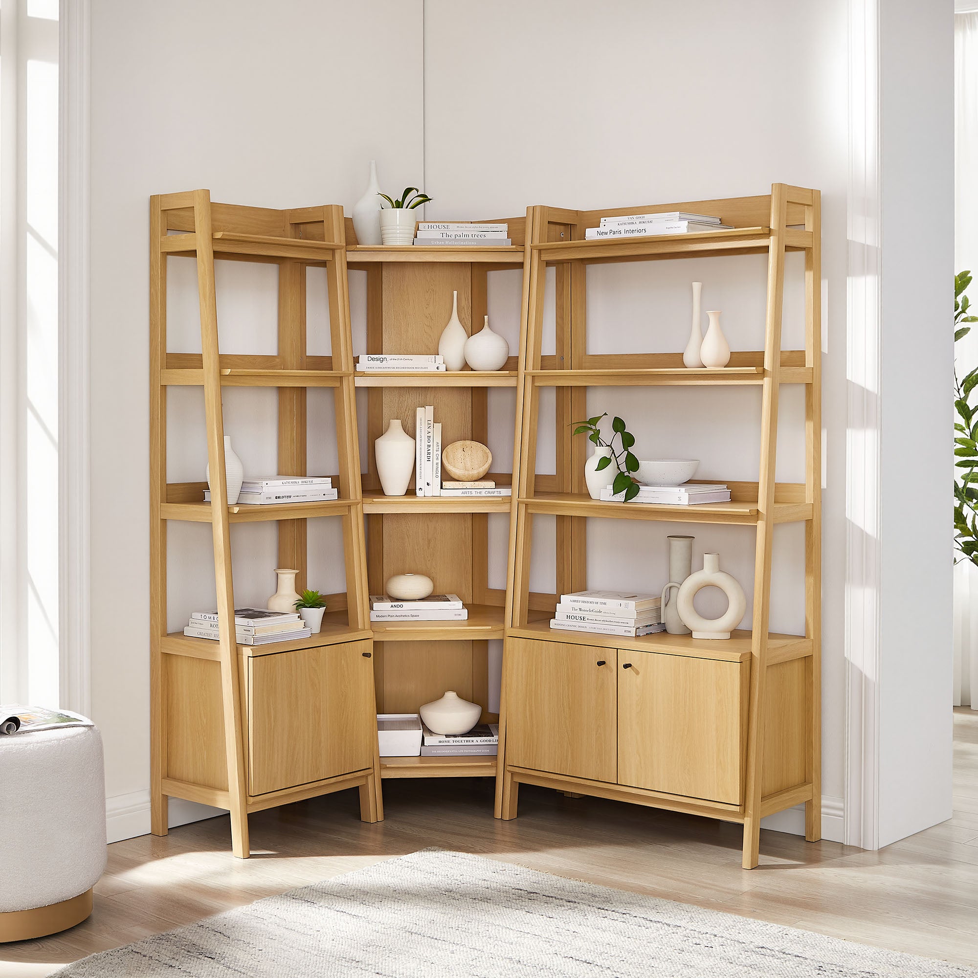 Bixby 3 Piece Corner Bookshelf Set With Wide and Narrow Bookshelves, Oak