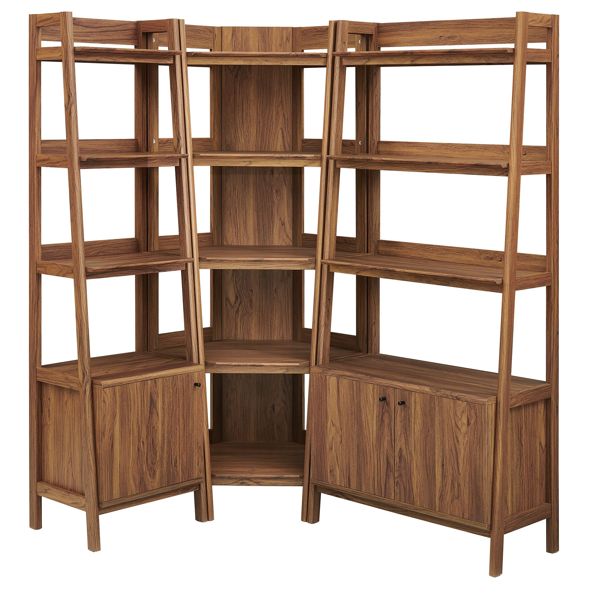 Bixby 3 Piece Corner Bookshelf Set With Wide and Narrow Bookshelves, Walnut
