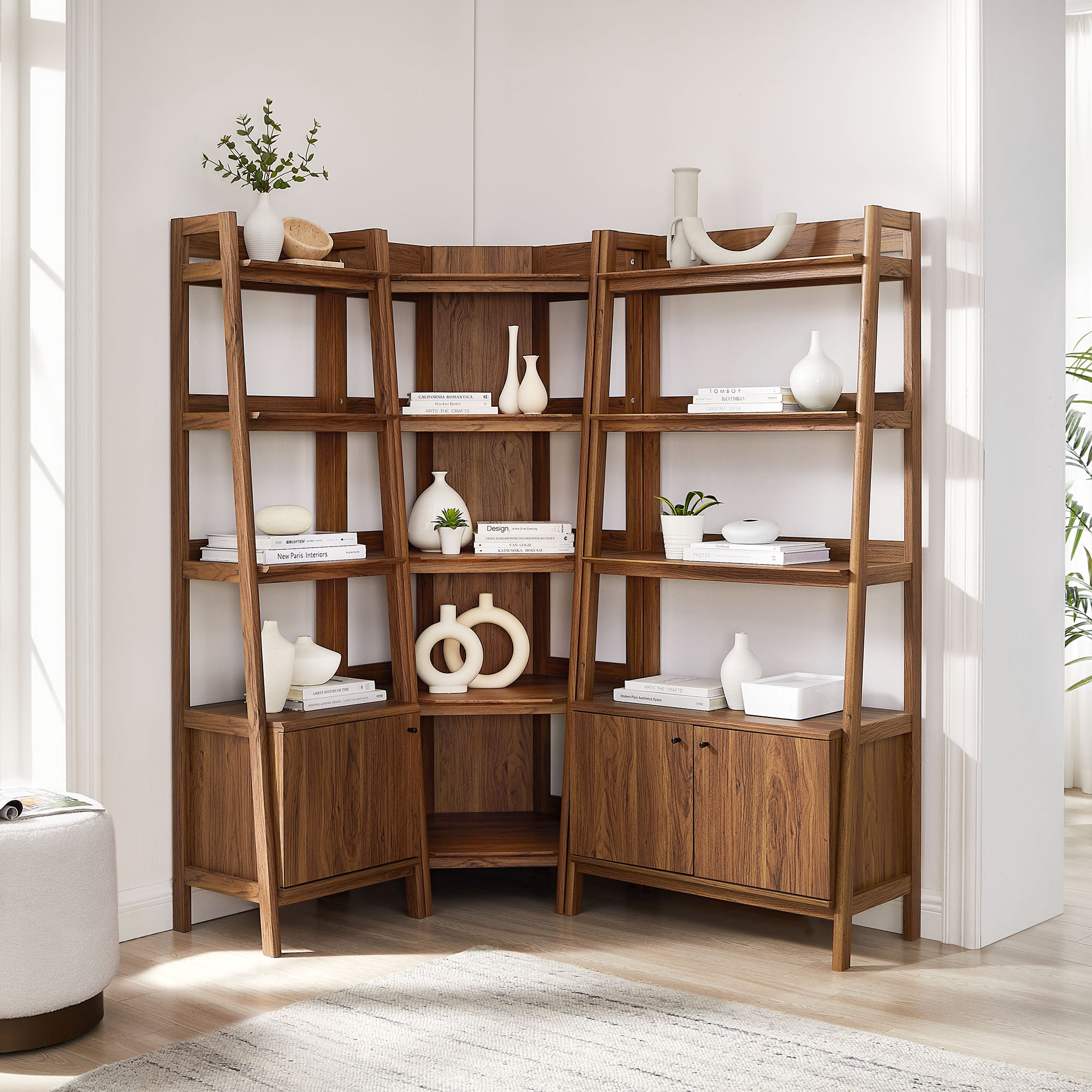 Bixby 3 Piece Corner Bookshelf Set With Wide and Narrow Bookshelves, Walnut