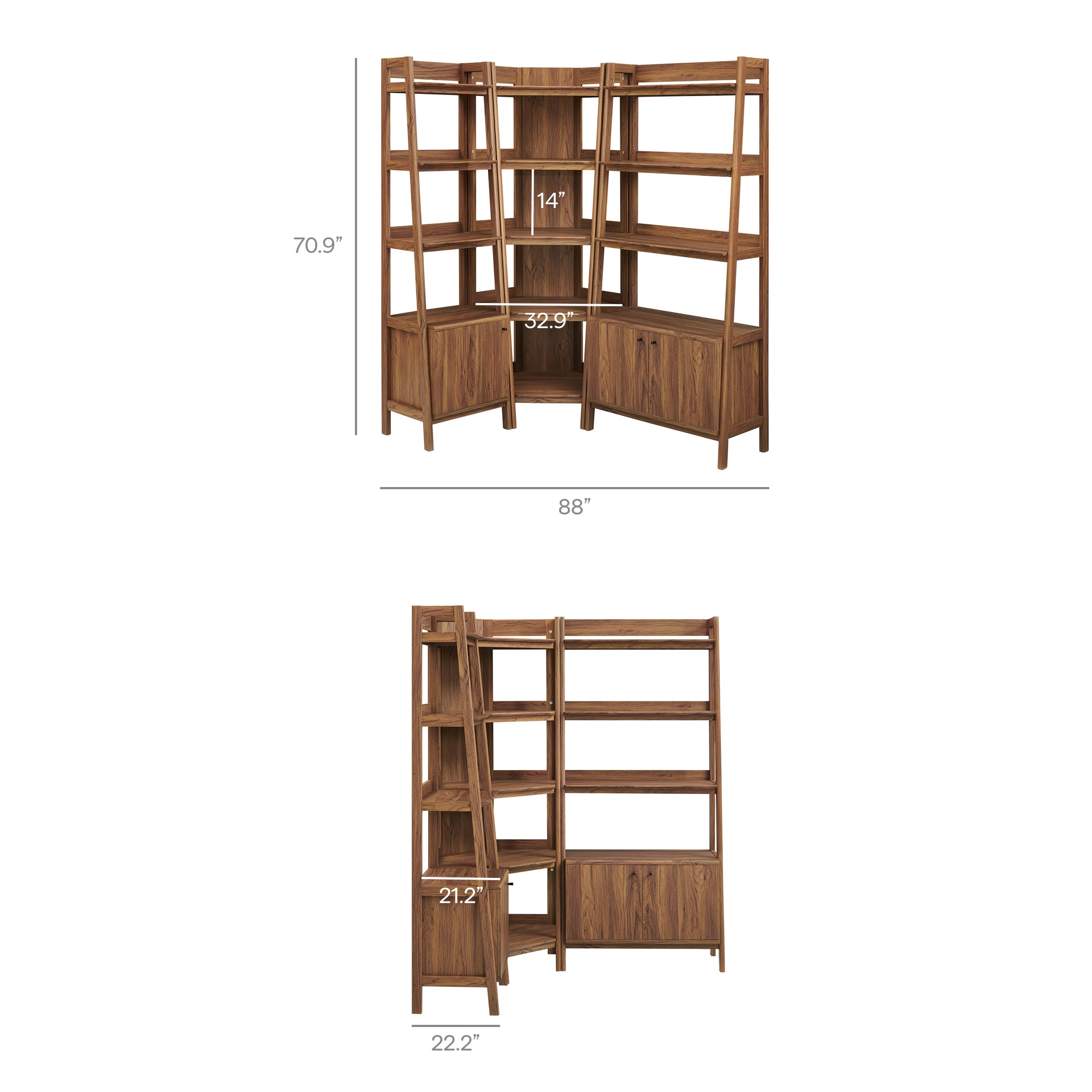 Bixby 3 Piece Corner Bookshelf Set With Wide and Narrow Bookshelves, Walnut