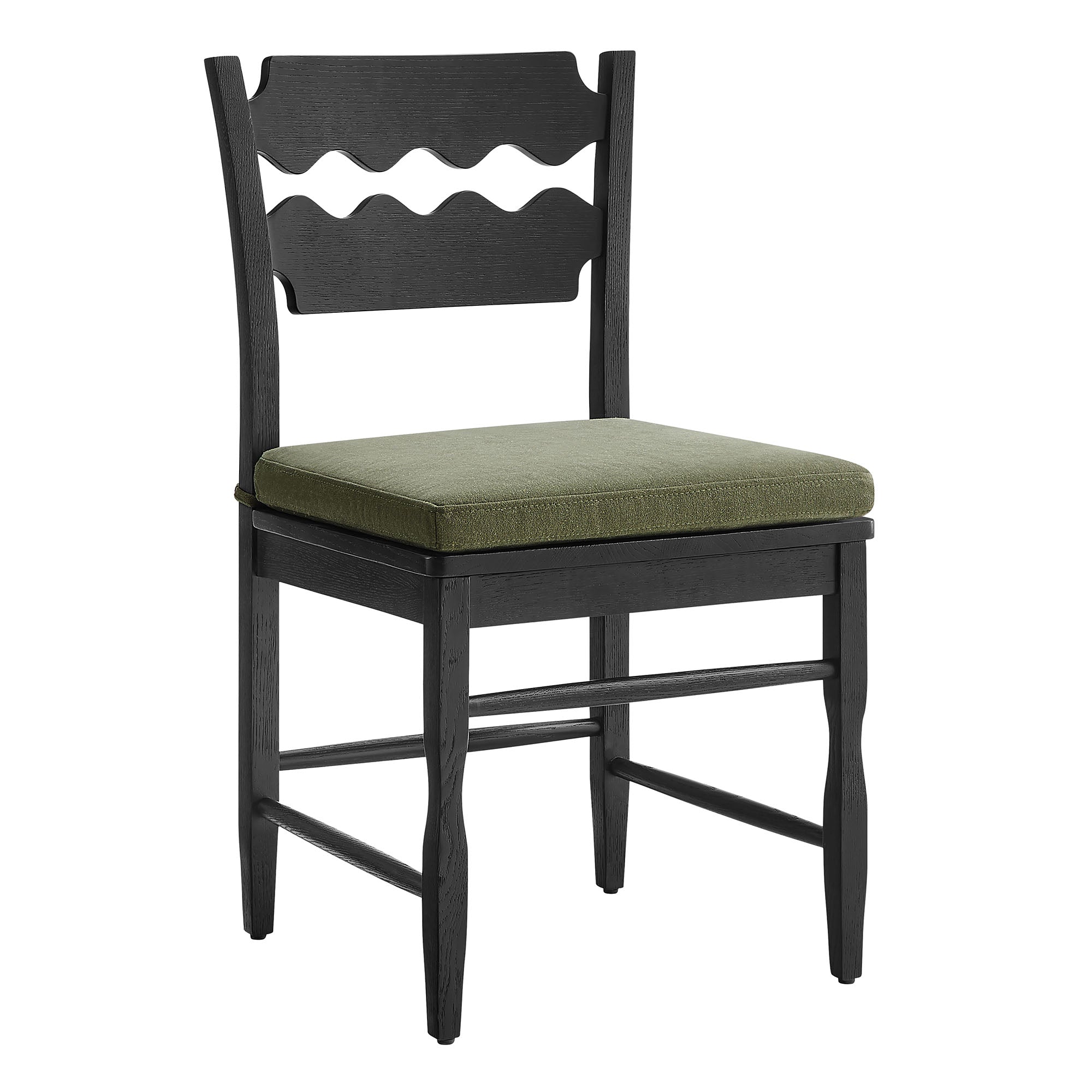 Jax Oak Wood Dining Chair With Wavy Razor Back and Cushion, Black Sage