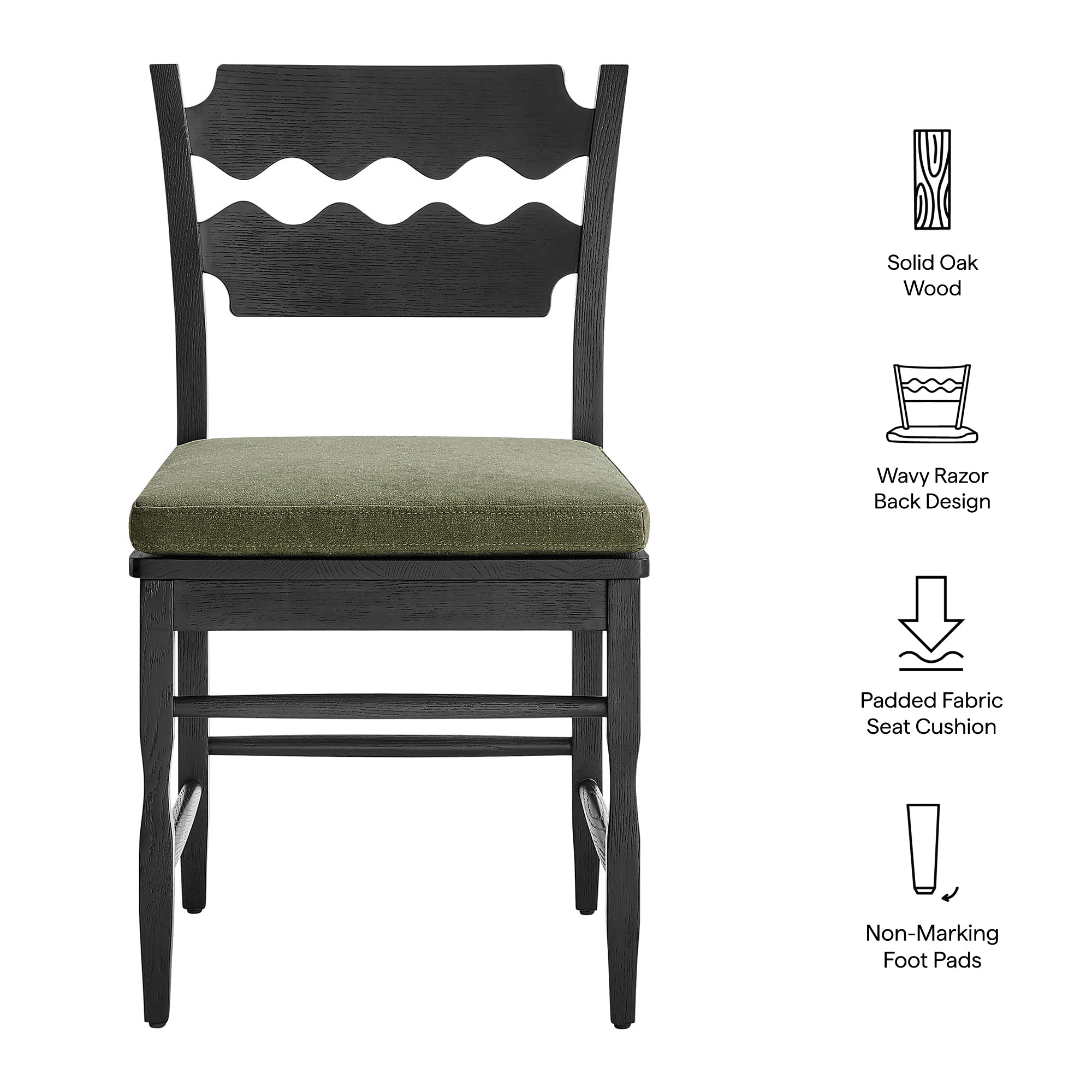 Jax Oak Wood Dining Chair With Wavy Razor Back and Cushion, Black Sage