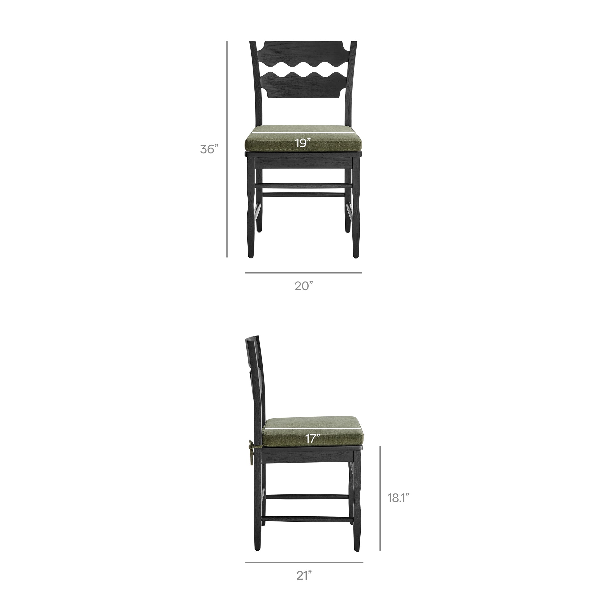 Jax Oak Wood Dining Chair With Wavy Razor Back and Cushion, Black Sage