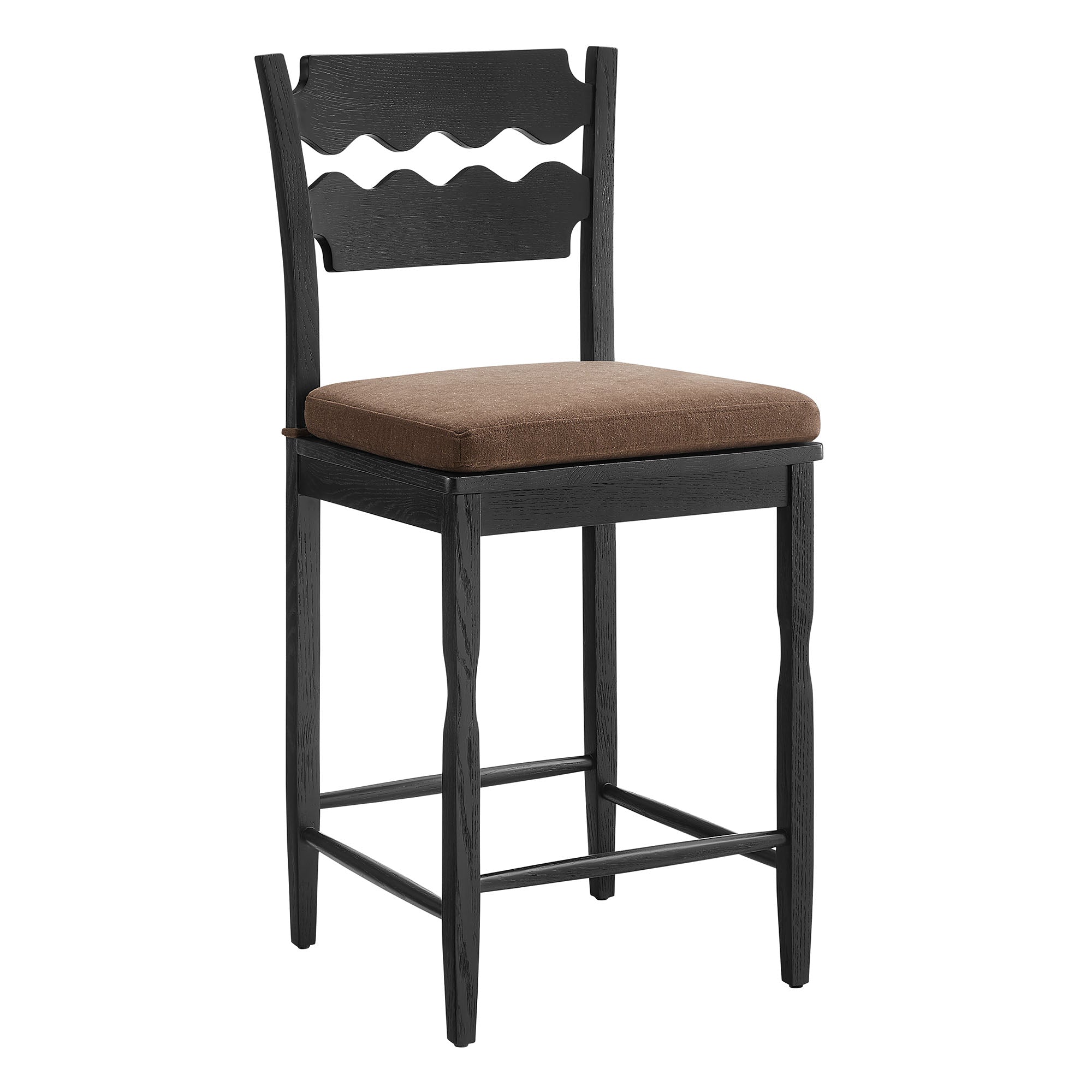 Jax Oak Wood Counter Stool With Wavy Razor Back and Cushion, Black Cocoa