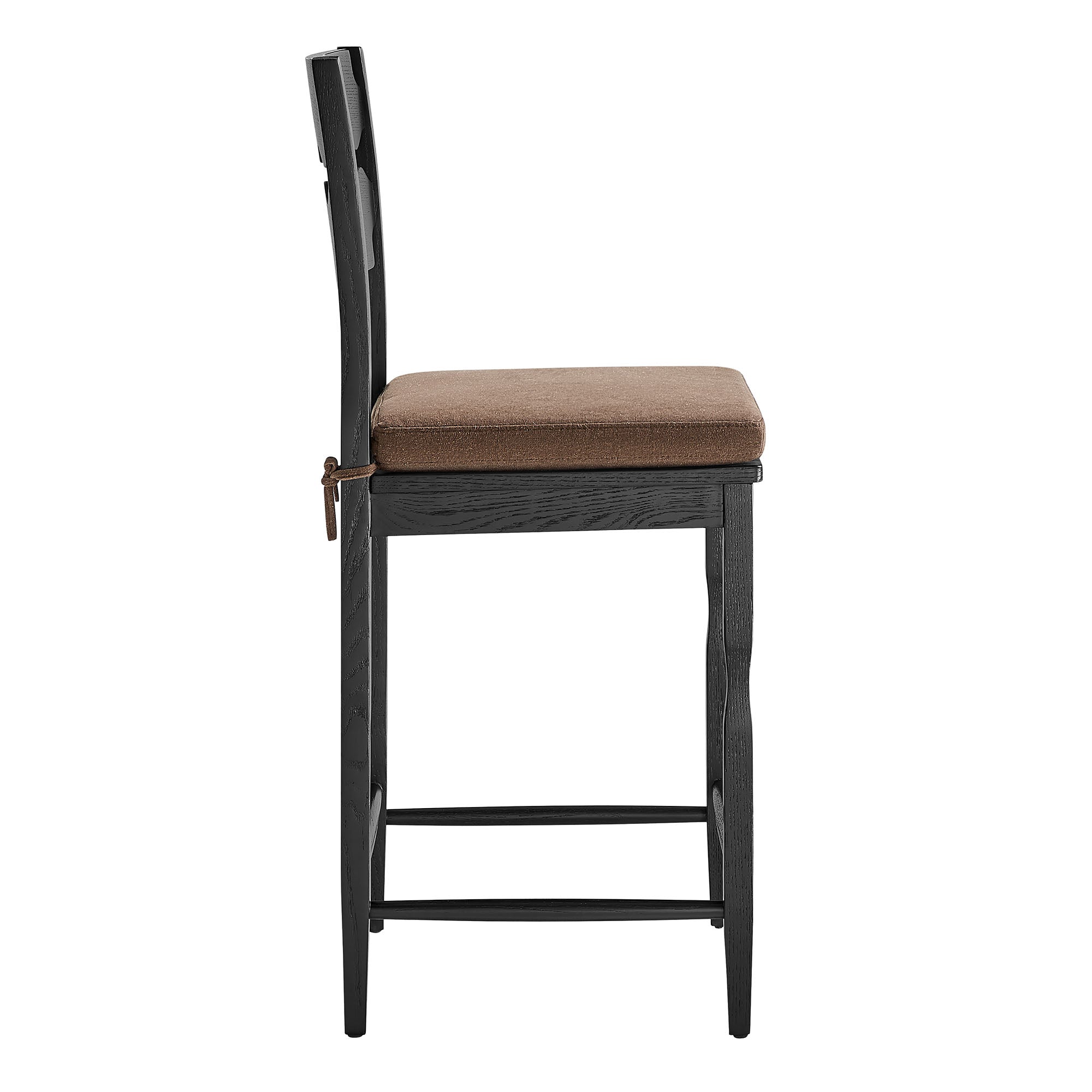 Jax Oak Wood Counter Stool With Wavy Razor Back and Cushion, Black Cocoa