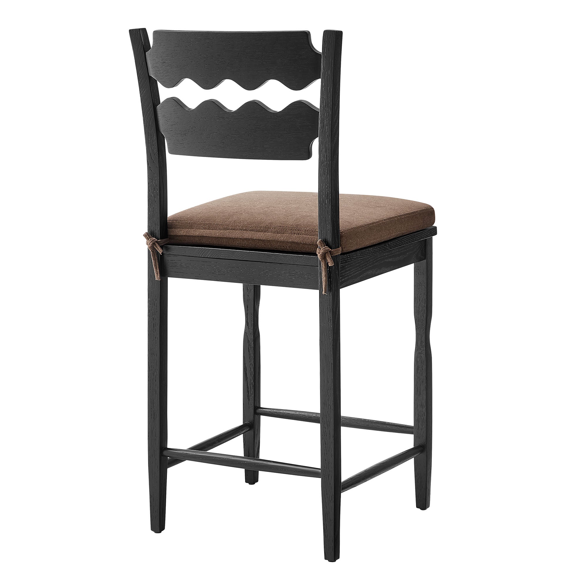 Jax Oak Wood Counter Stool With Wavy Razor Back and Cushion, Black Cocoa