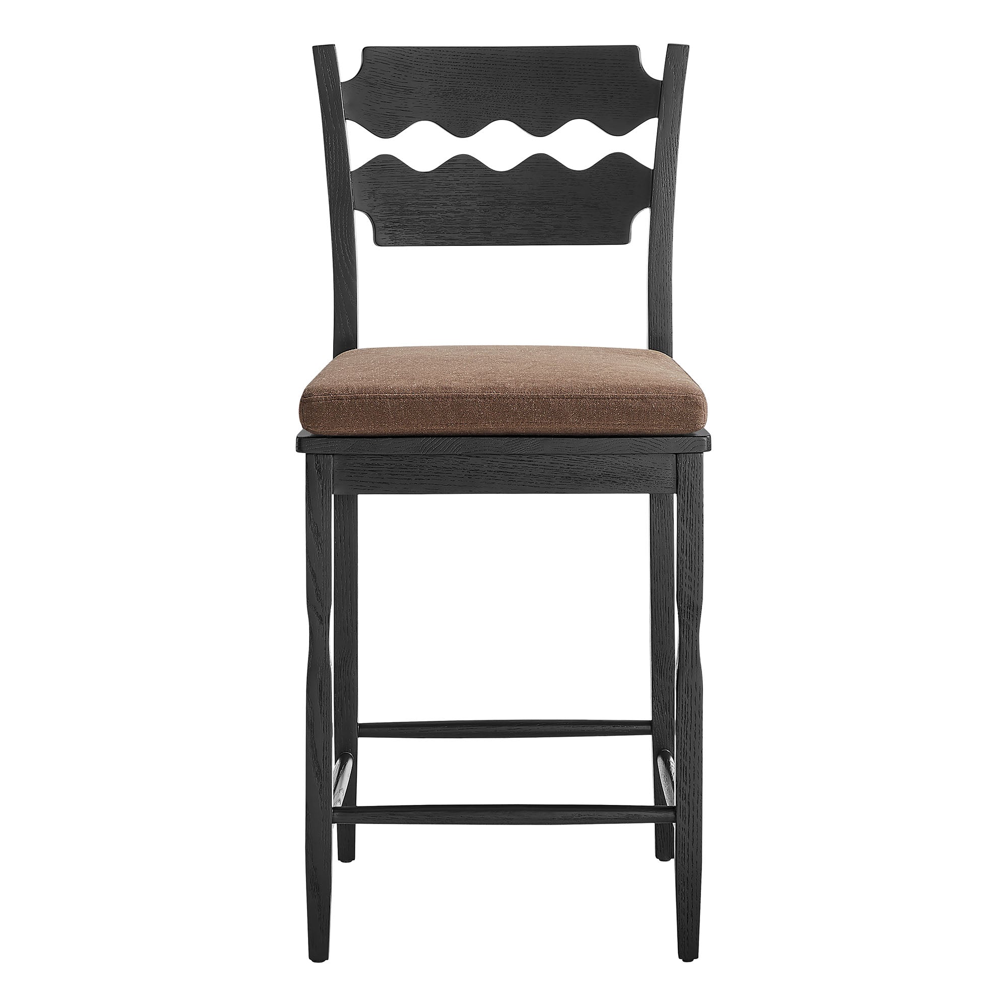 Jax Oak Wood Counter Stool With Wavy Razor Back and Cushion, Black Cocoa