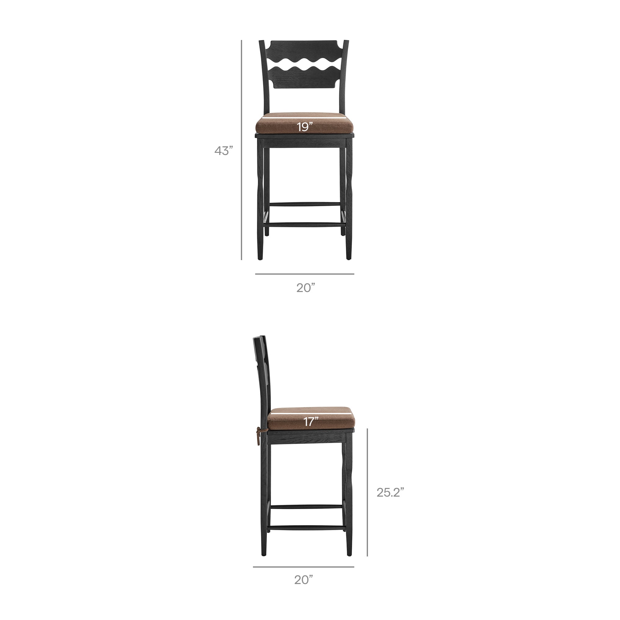 Jax Oak Wood Counter Stool With Wavy Razor Back and Cushion, Black Cocoa