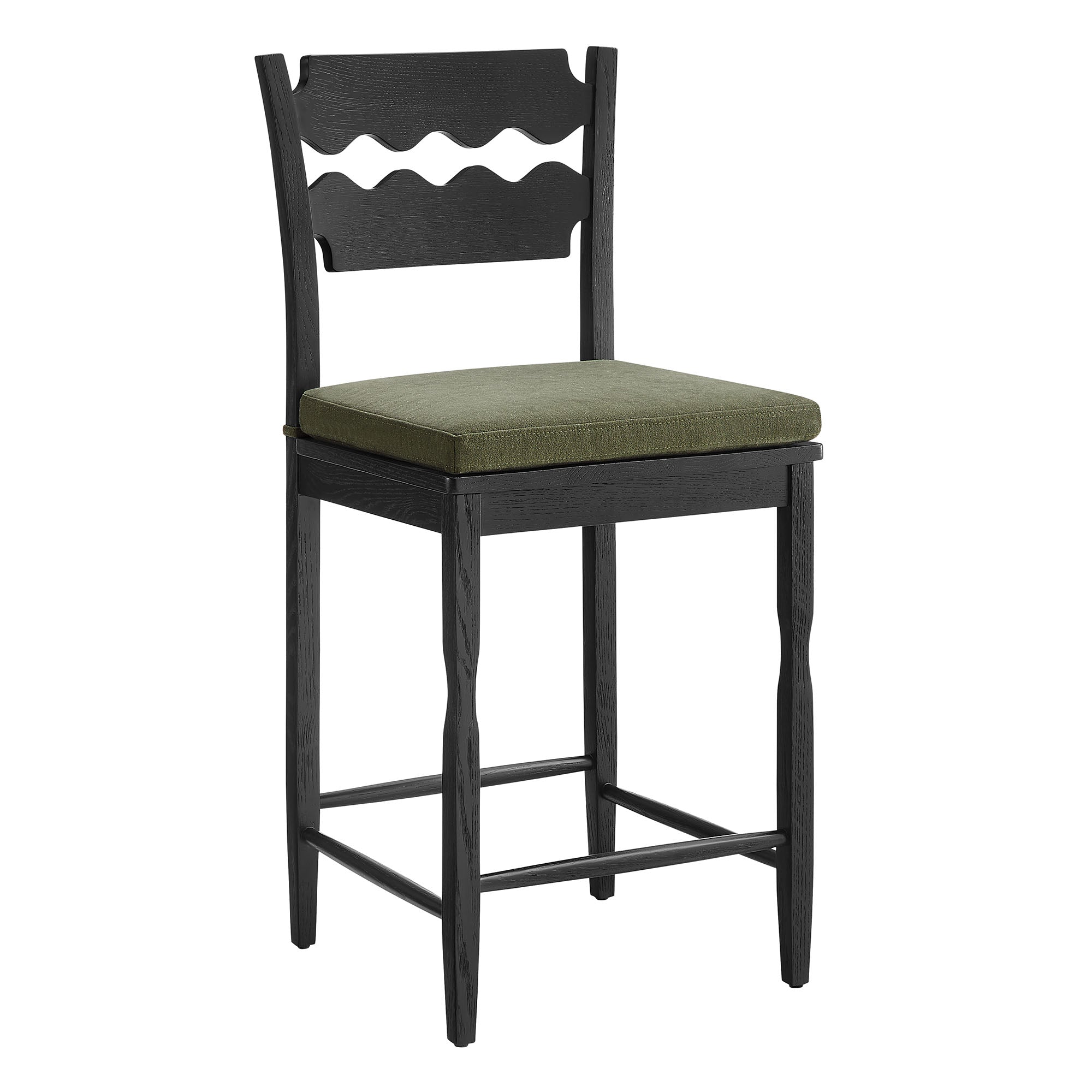 Jax Oak Wood Counter Stool With Wavy Razor Back and Cushion, Black Sage