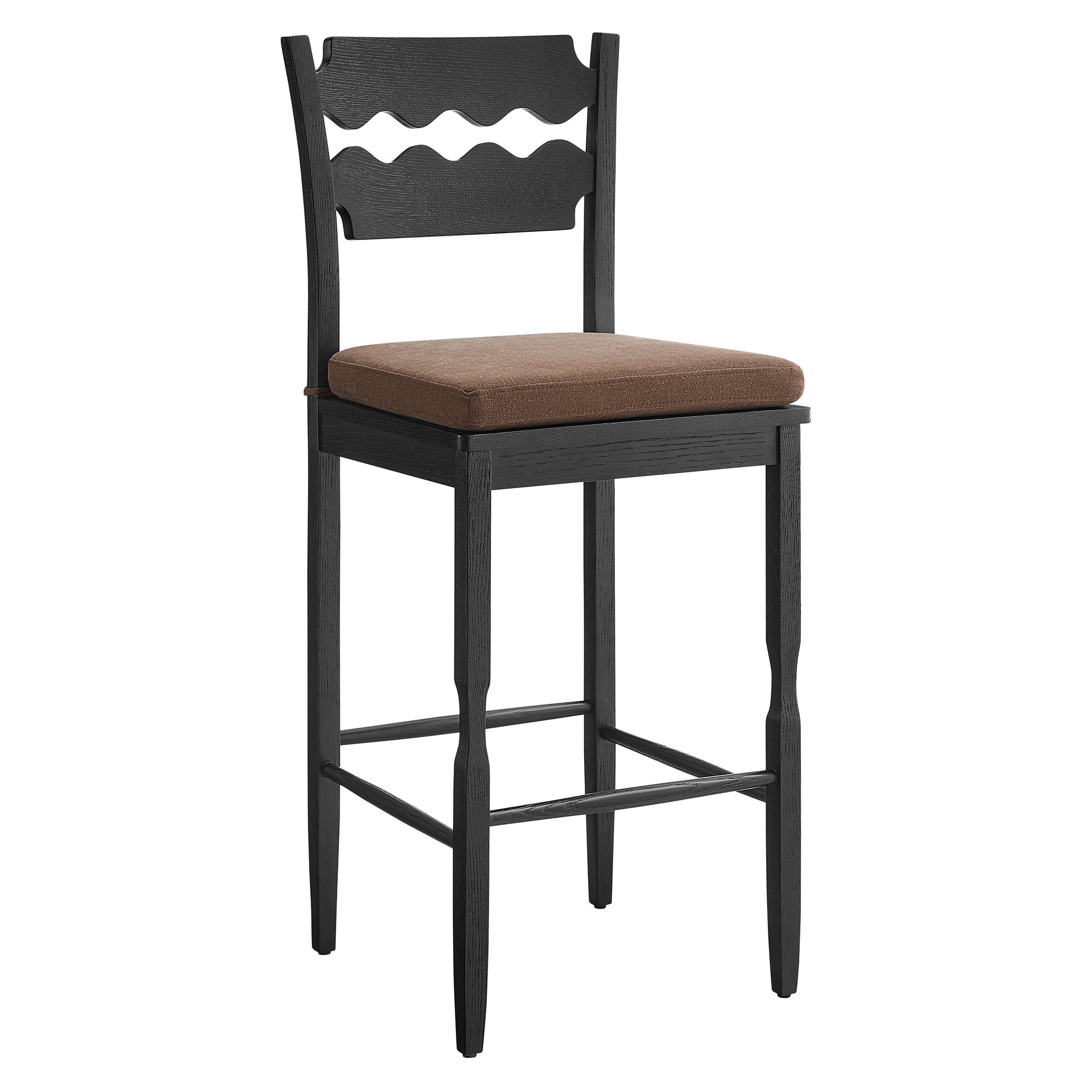 Jax Oak Wood Bar Stool With Wavy Razor Back and Cushion, Black Cocoa