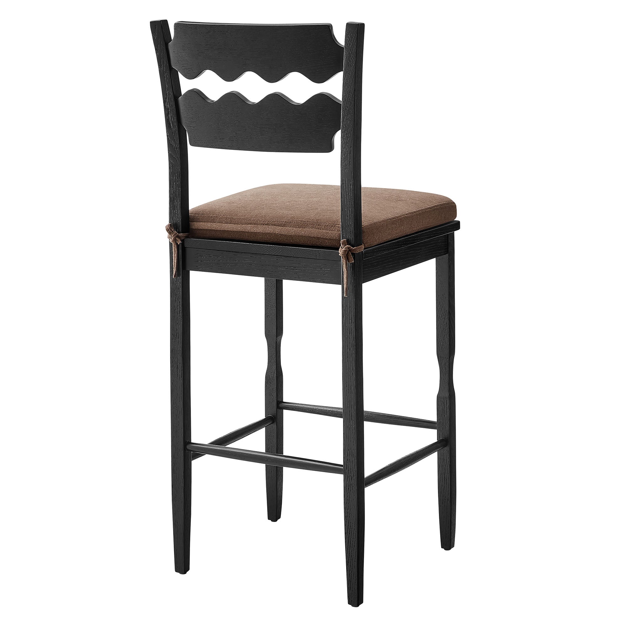 Jax Oak Wood Bar Stool With Wavy Razor Back and Cushion, Black Cocoa