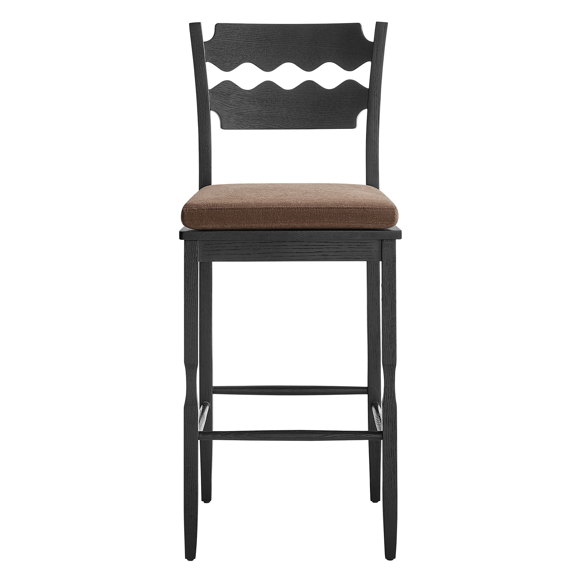 Jax Oak Wood Bar Stool With Wavy Razor Back and Cushion, Black Cocoa