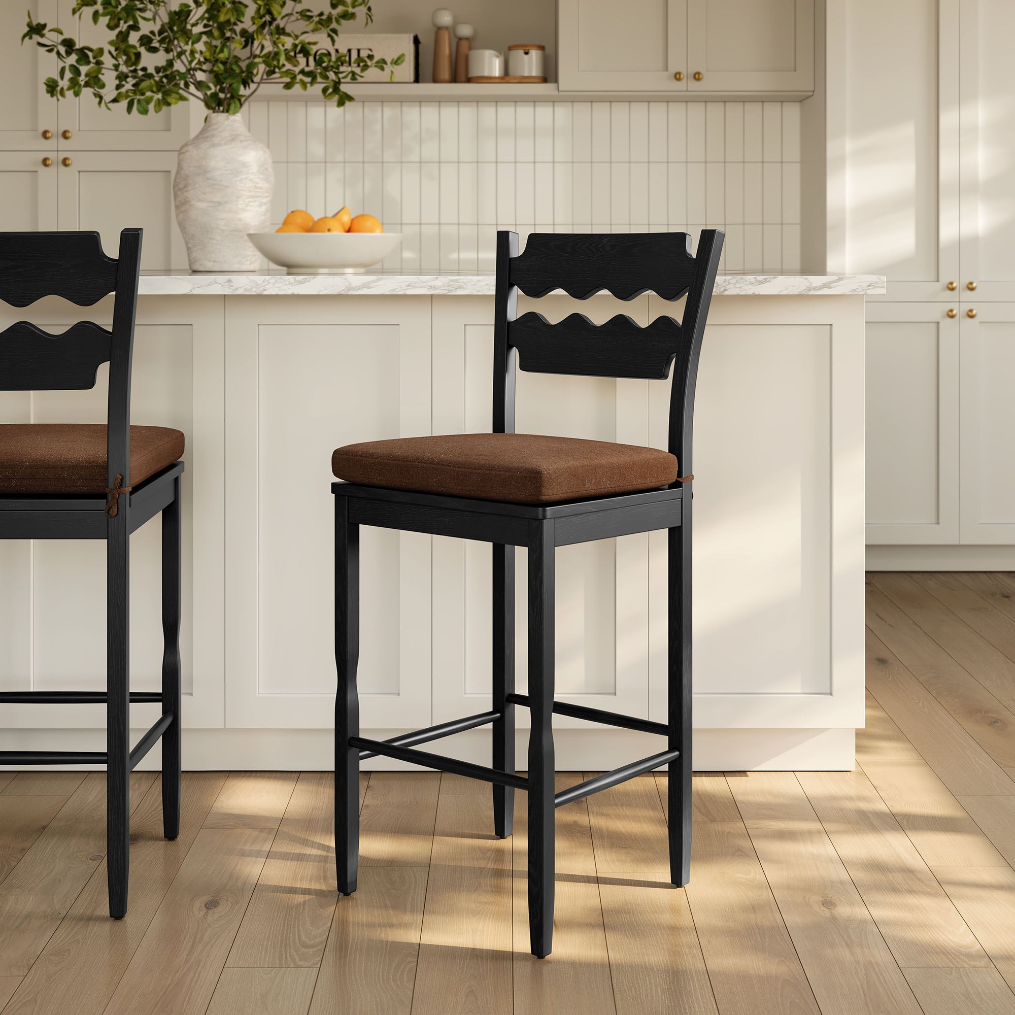 Jax Oak Wood Bar Stool With Wavy Razor Back and Cushion, Black Cocoa