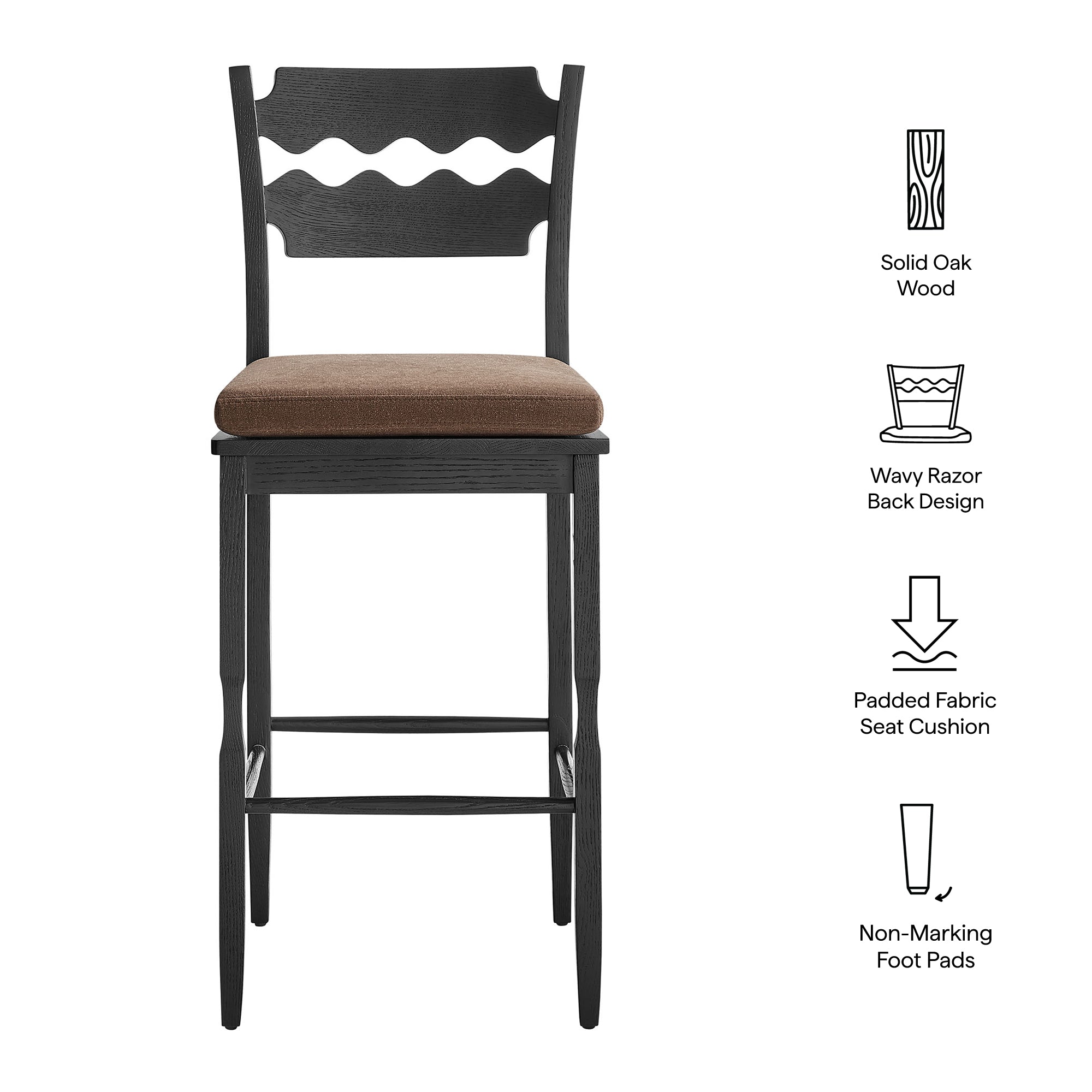 Jax Oak Wood Bar Stool With Wavy Razor Back and Cushion, Black Cocoa