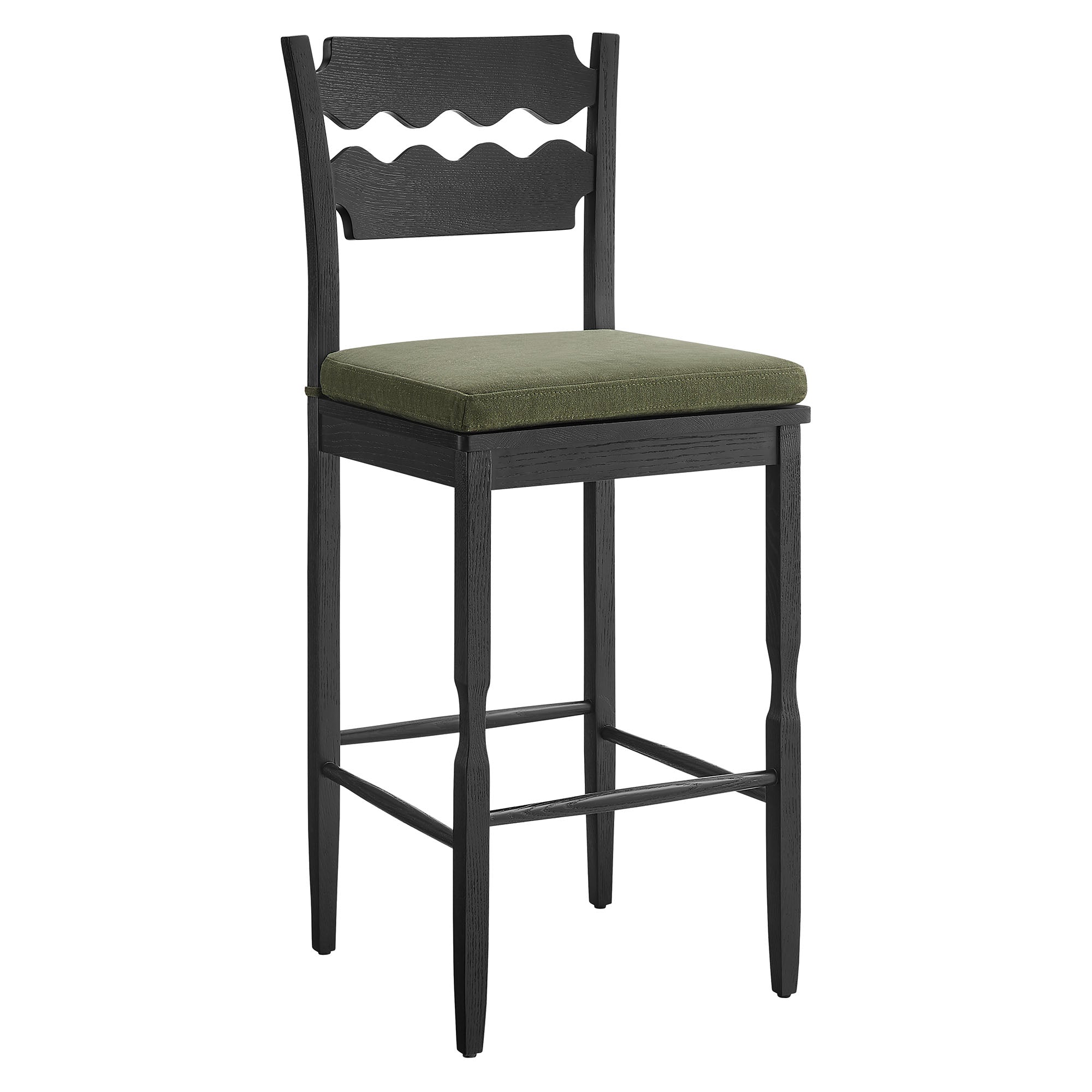 Jax Oak Wood Bar Stool With Wavy Razor Back and Cushion, Black Sage