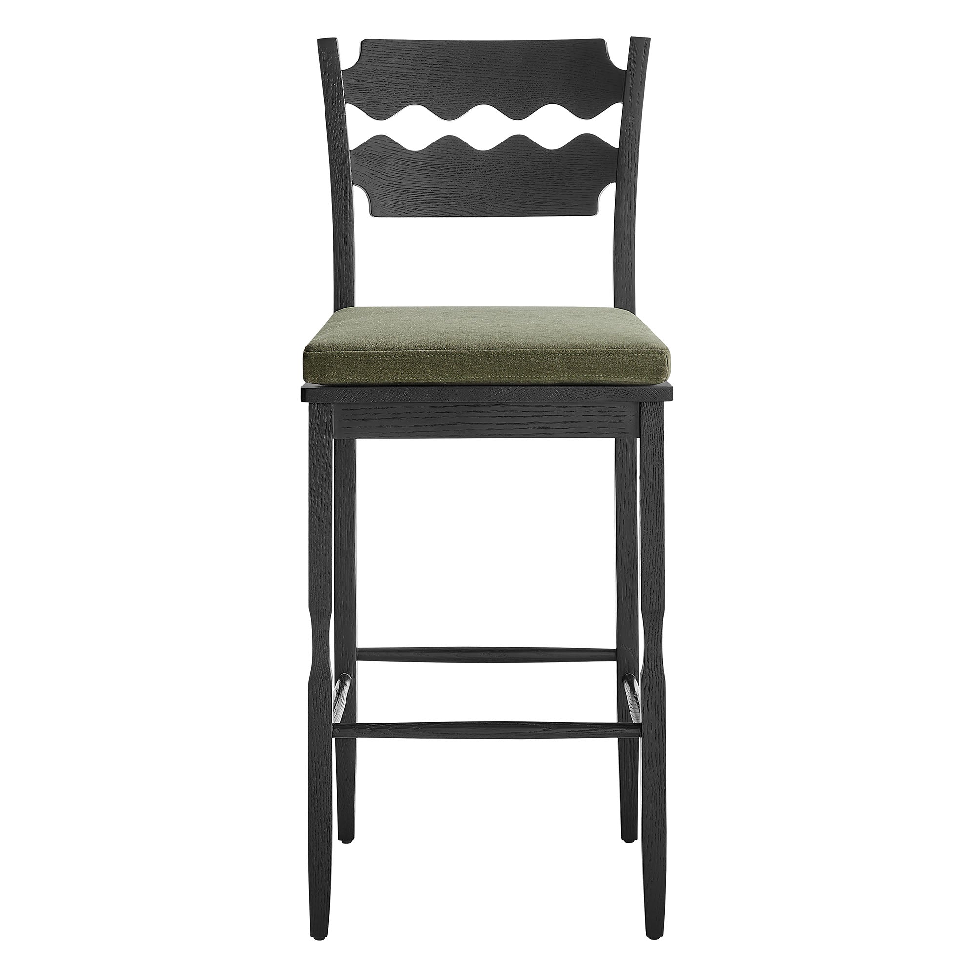 Jax Oak Wood Bar Stool With Wavy Razor Back and Cushion, Black Sage
