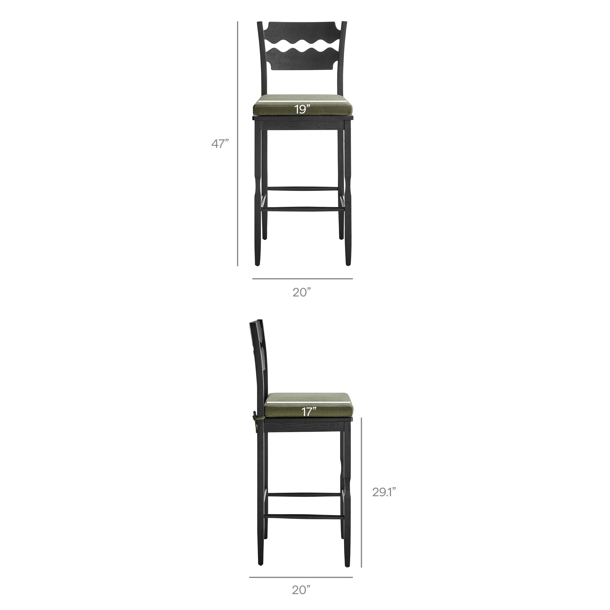 Jax Oak Wood Bar Stool With Wavy Razor Back and Cushion, Black Sage