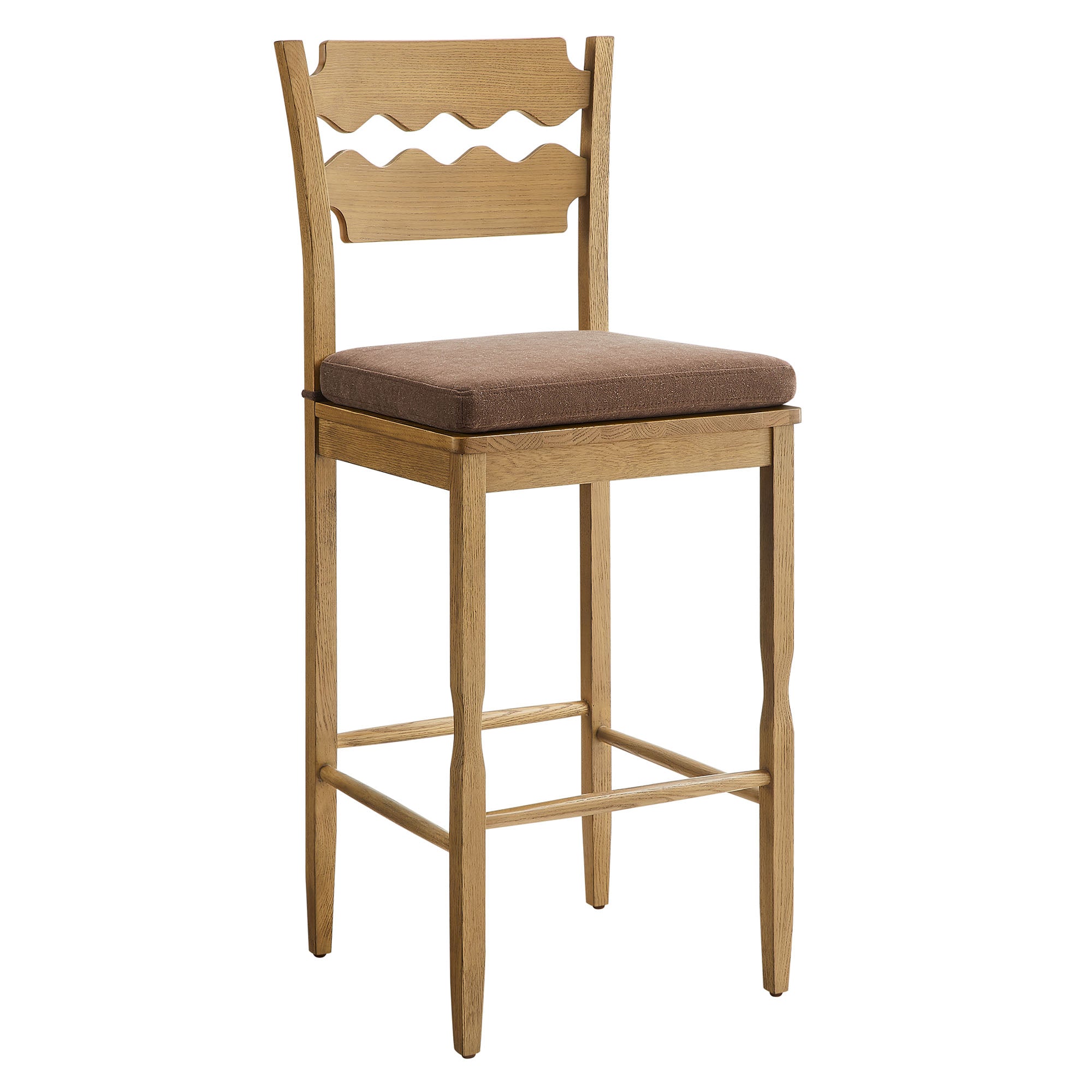 Jax Oak Wood Bar Stool With Wavy Razor Back and Cushion, Weathered Oak Cocoa