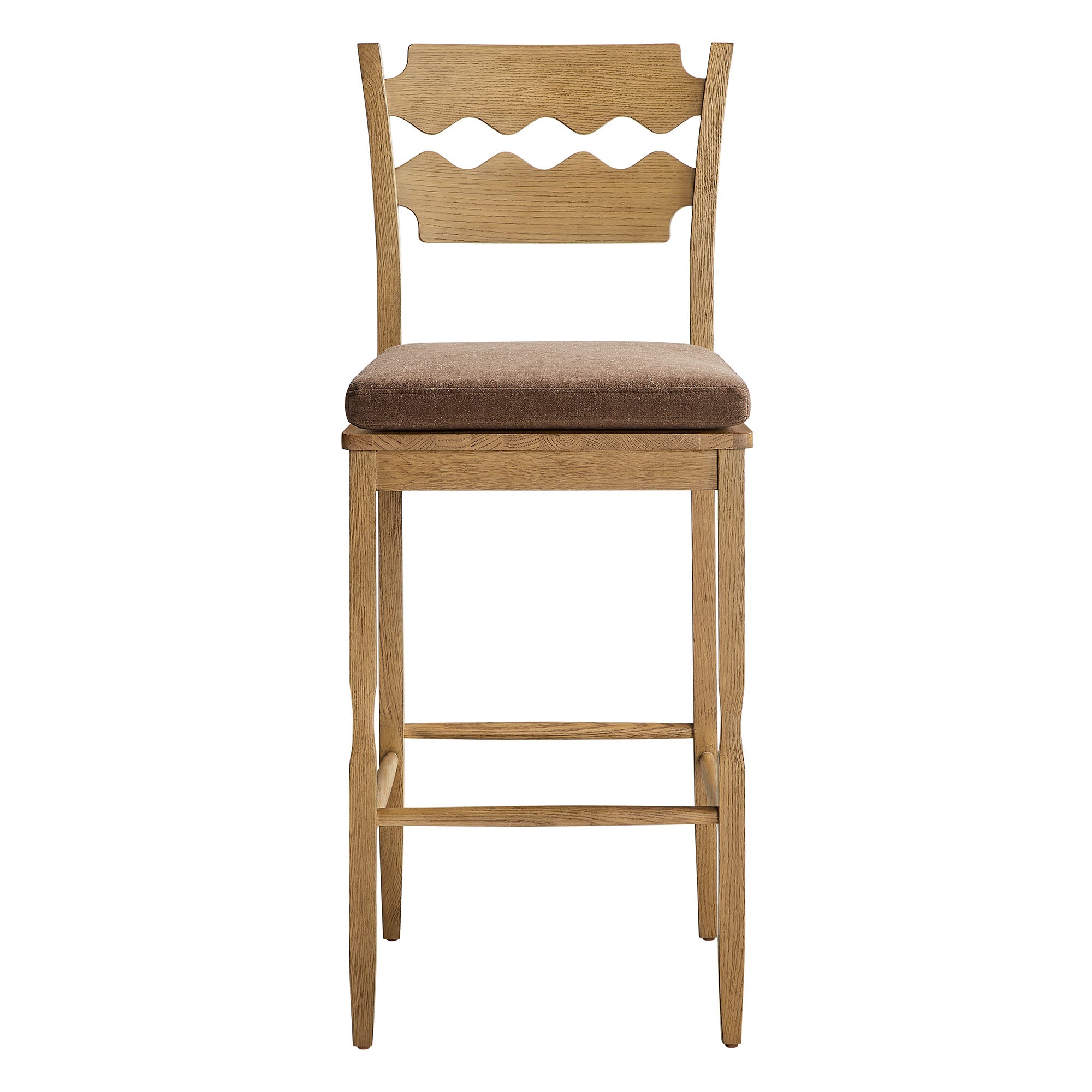 Jax Oak Wood Bar Stool With Wavy Razor Back and Cushion, Weathered Oak Cocoa