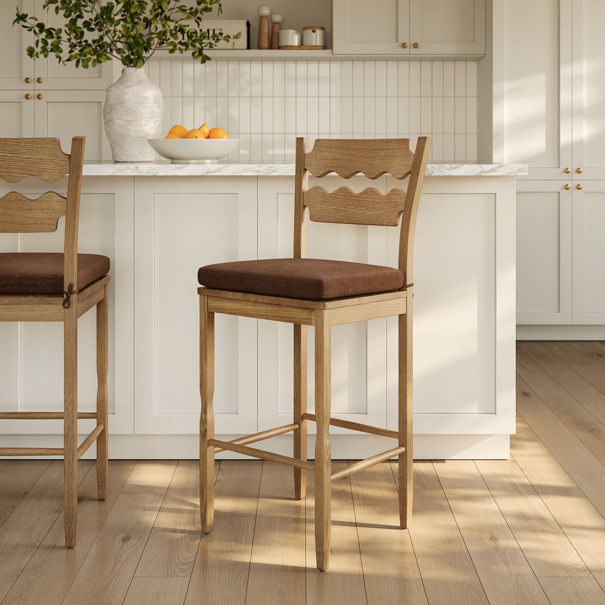Jax Oak Wood Bar Stool With Wavy Razor Back and Cushion, Weathered Oak Cocoa